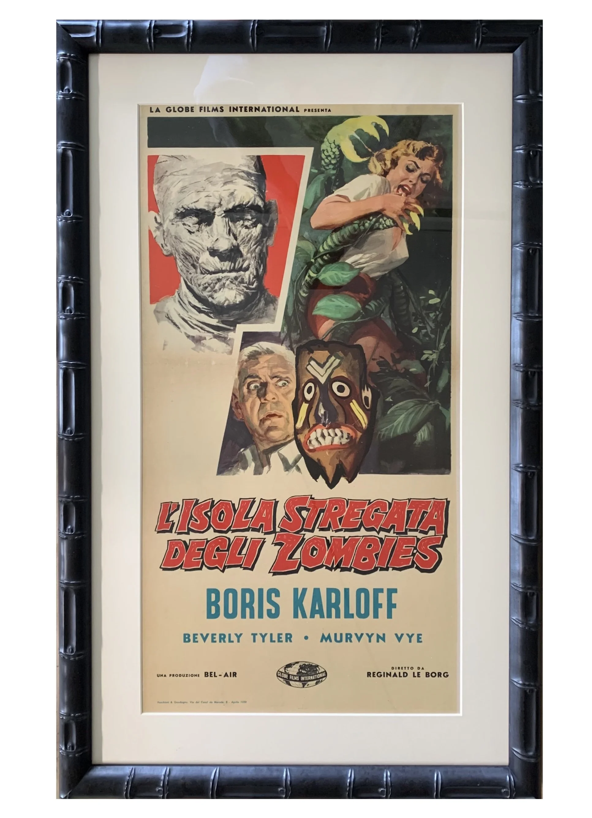 An original poster from the 1960s jungle film 'L'Isola Sregata Degli Zombies' in an archival and custom bamboo wood frame. 