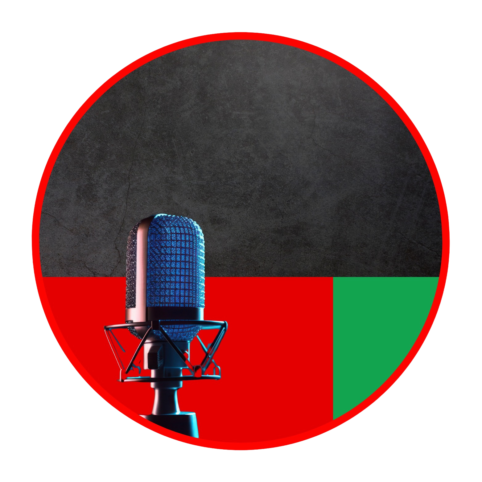 A vintage-style microphone in front of a dark textured background, framed by a circular design with red, green, pink, black, and gray sections.