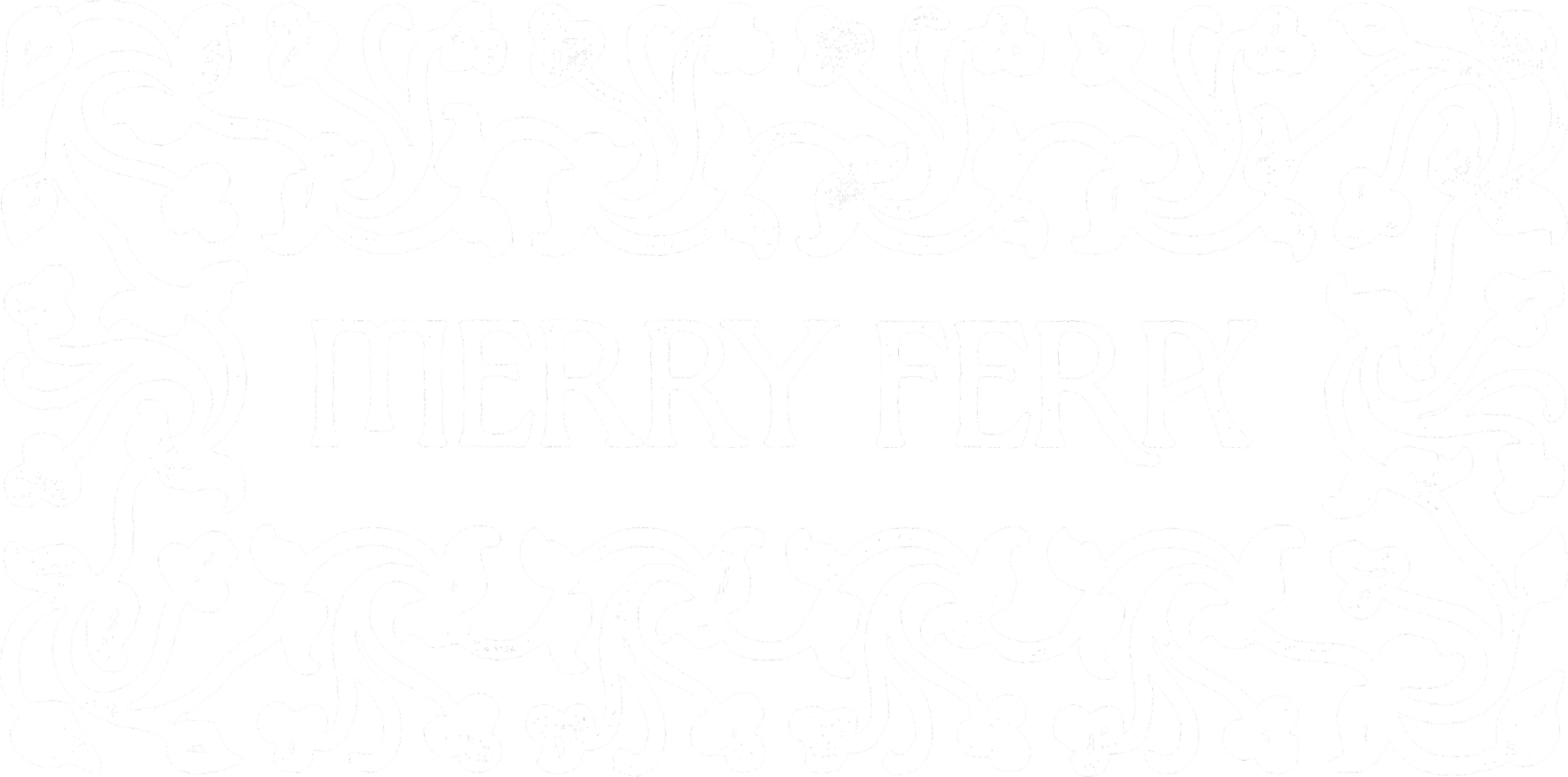 A decorative black and white sign with a floral pattern background that says "MERRY FERA" in the center.