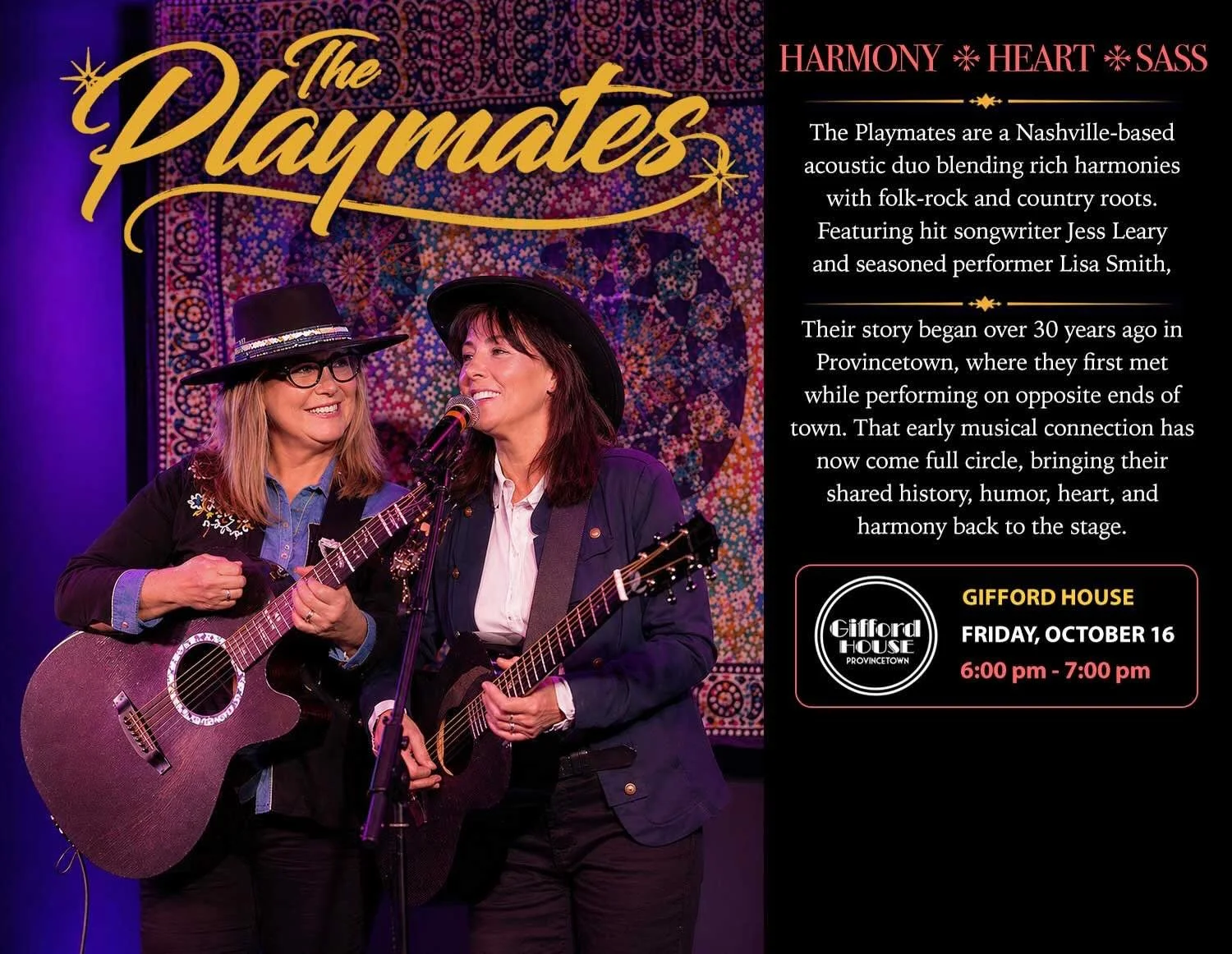 Tomorrow join us for The Playmates! LIVE!!! 

6:00pm 

In the Wilde Theater 

Ticket link in bio