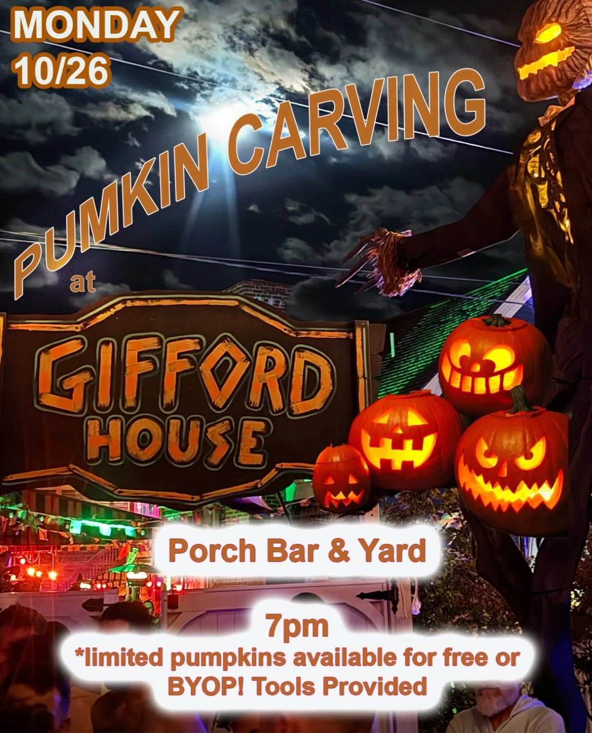Tonight at 7 join us in the yard and Porch bar and let&rsquo;s carve some pumpkins! 

7pm

Tools provided. Limited pumpkins available or bring your own! 

Spooky movies too! 🍿 🎥
