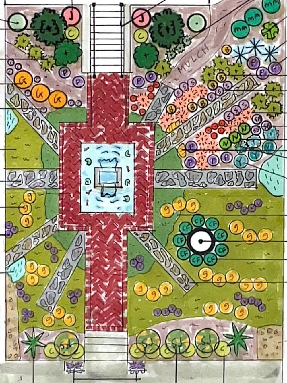 This design got installed last month. We redid the entire front yard. Added a fountain, herringbone path, flagstone rays and took out the lawn and planted over 600 plants! While I was there a dragonfly came to visit the fountain and after the fountai