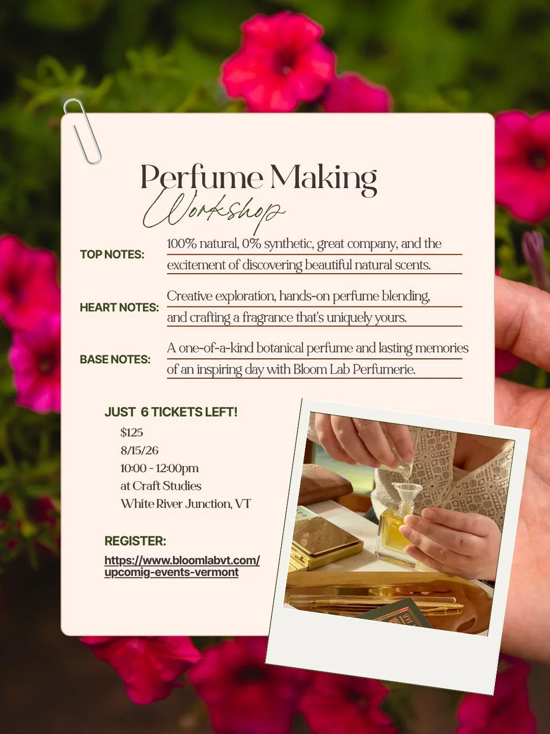 Join me for a truly immersive Botanical Perfumery Workshop at CraftStudies in White River Junction, Vermont, where you'll discover the timeless art of natural fragrance creation and handcraft your own custom botanical Eau de Parfum using 100% natural