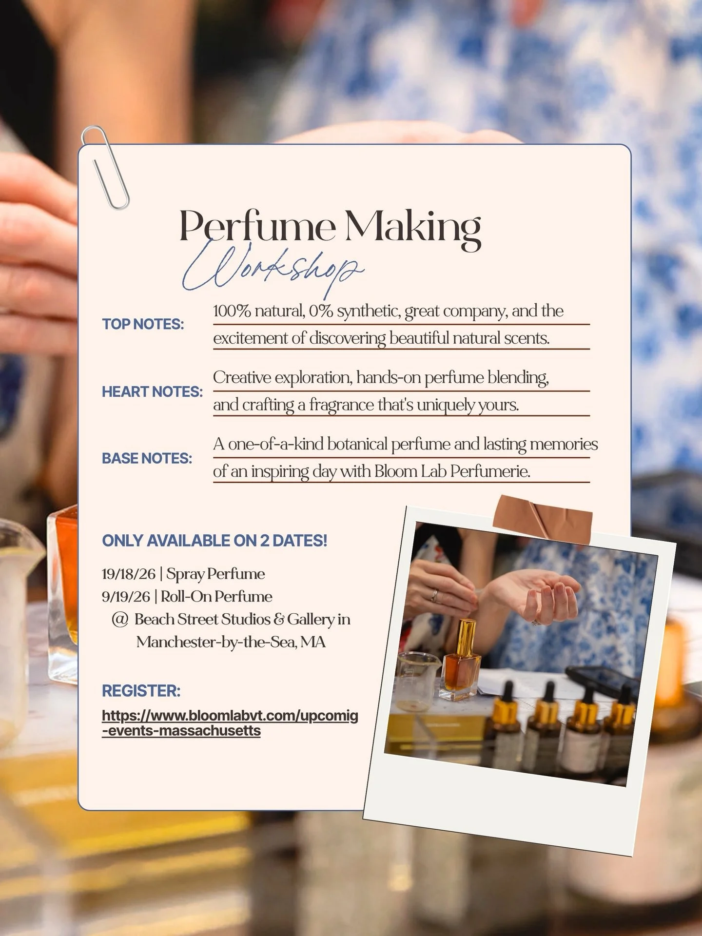 Looking for a unique experience in Massachusetts? Join us for a natural perfume making workshop where you&rsquo;ll create your own signature fragrance using over 30 rare botanical ingredients from around the world.

Whether you&rsquo;re searching for
