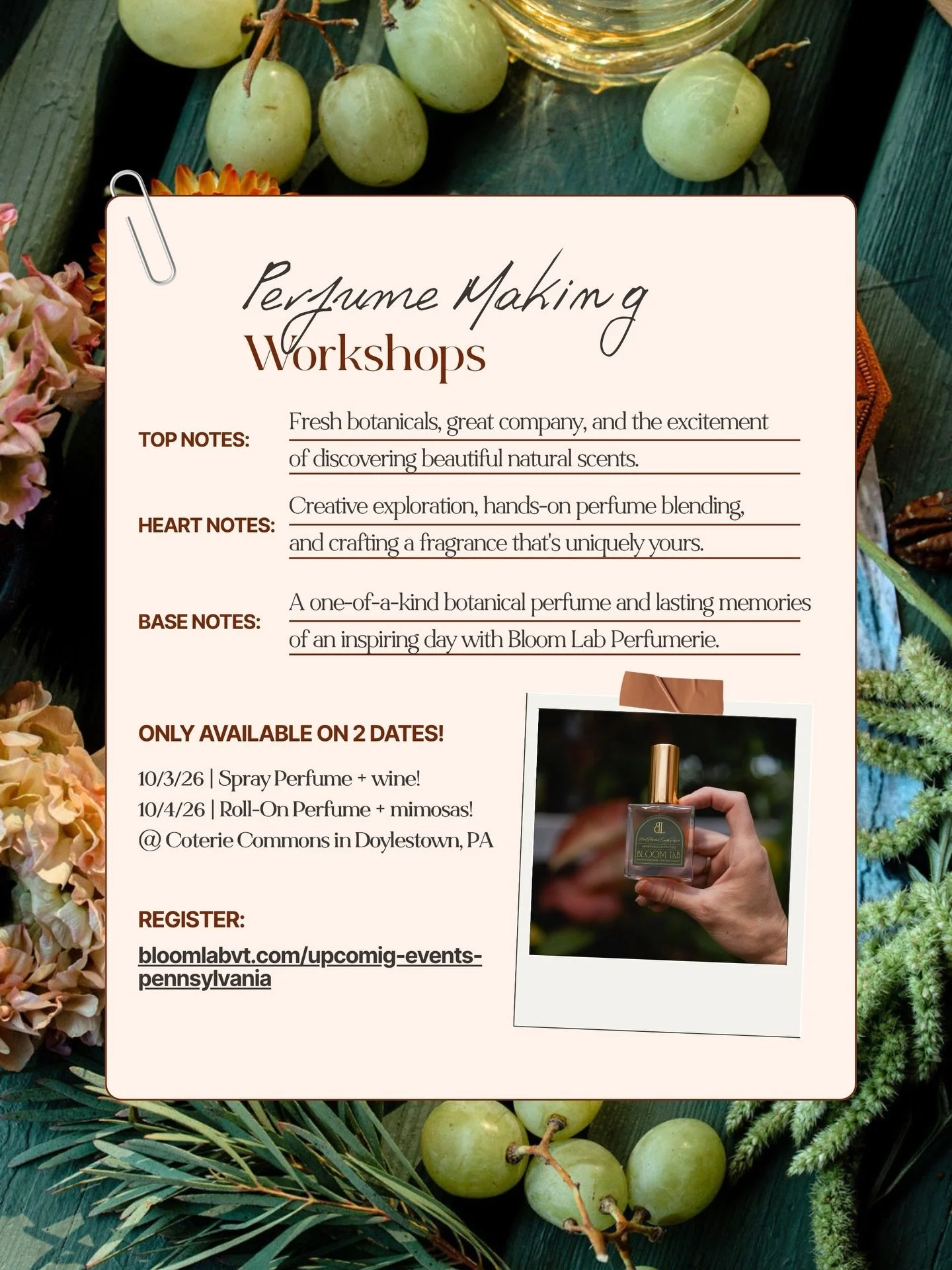 Join Bloom Lab Perfumerie for a weekend of scent, creativity, and a little something to sip at Coterie Commons in Doylestown.

🍷 Saturday | October 3, 2026
Spray Perfume + Wine
Blend your own luxurious botanical Eau de Parfum while enjoying a though