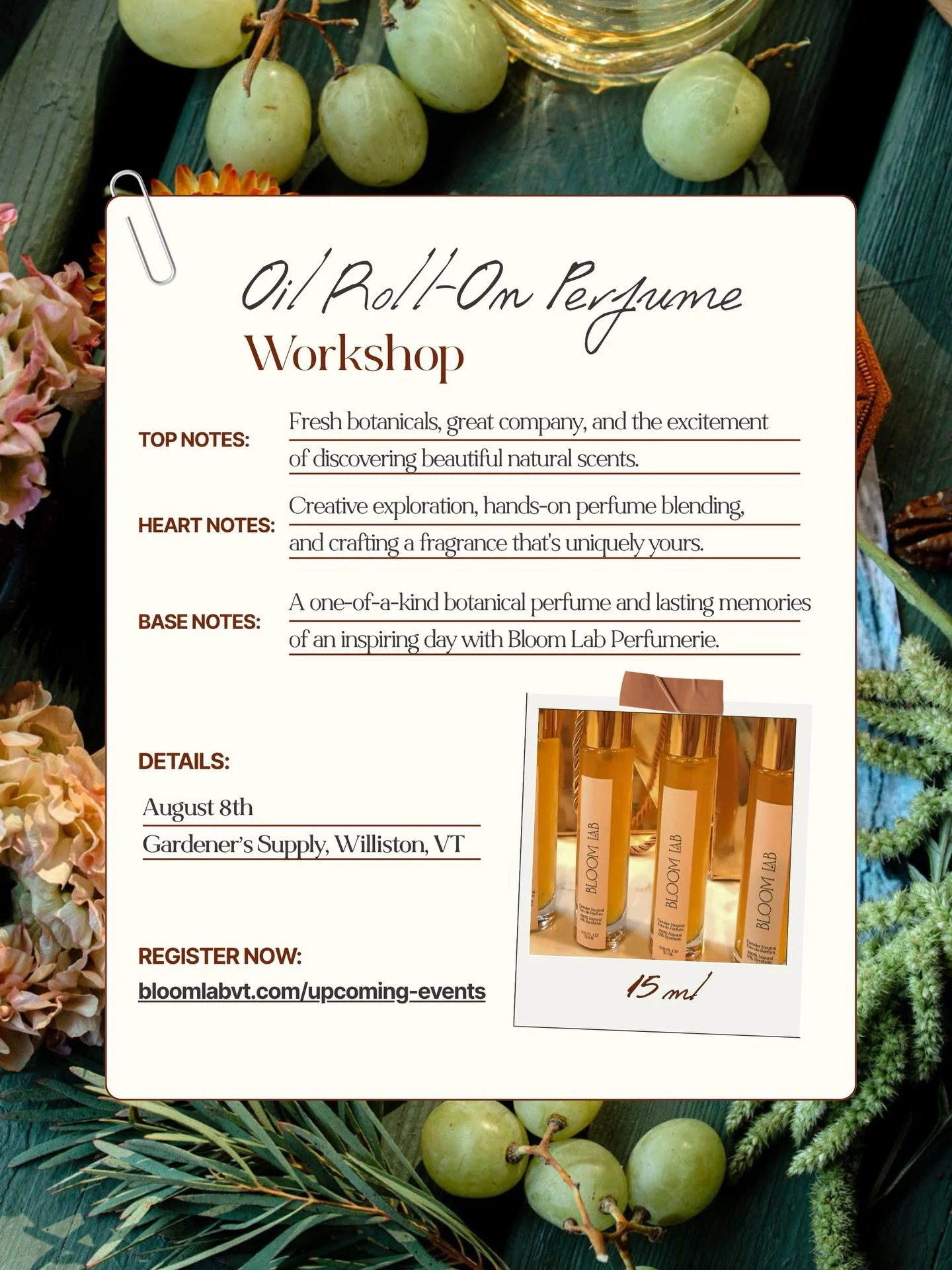 Create a fragrance that&rsquo;s entirely your own.  0% Synthetic. 100% Natural

Join @bloomlabvt for a special Oil Roll-On Perfume Making Workshop at the beautiful Gardener&rsquo;s Supply Greenhouse in Williston, VT. Surrounded by lush plants and bea