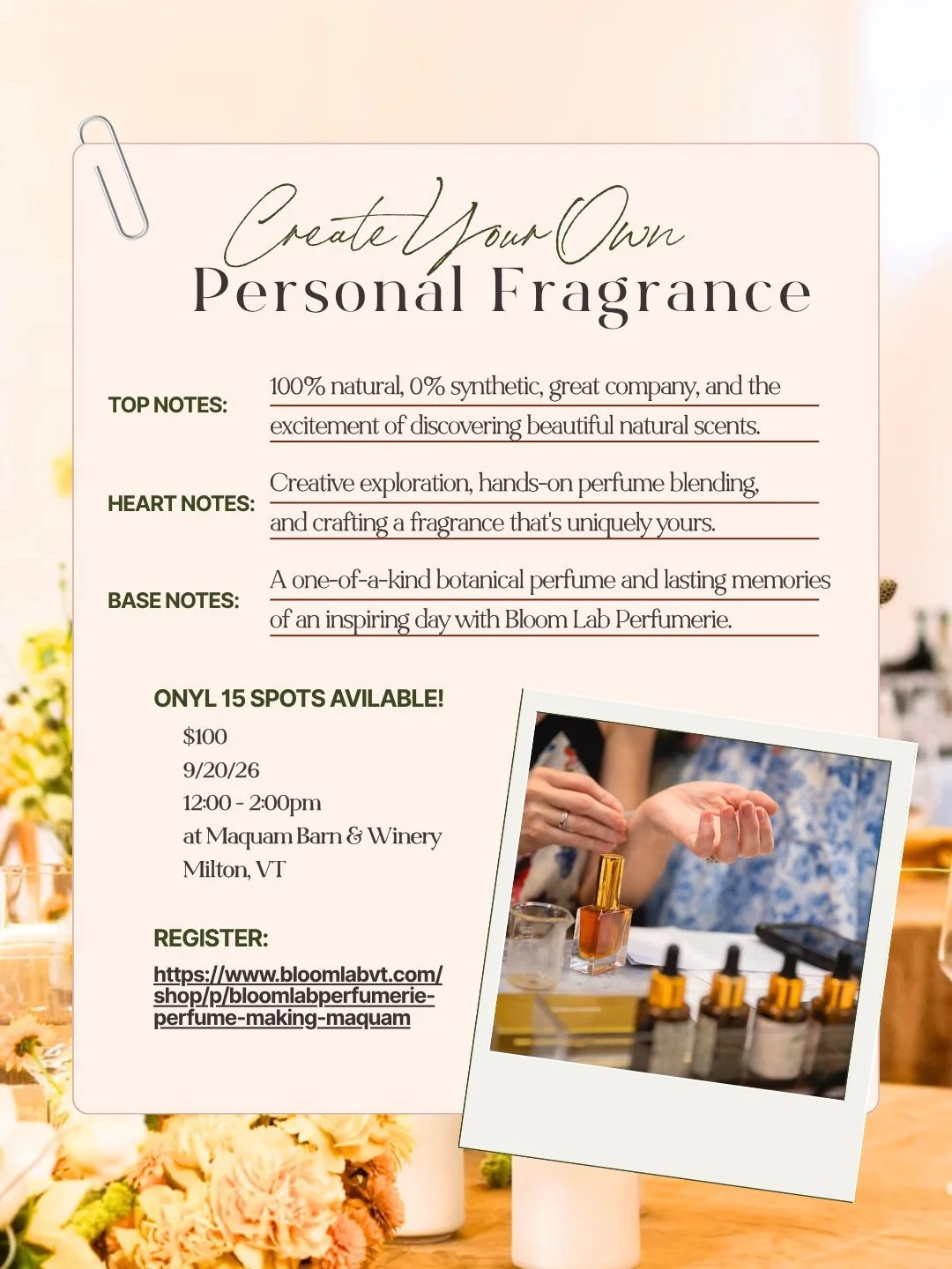 What if you could bottle a little piece of Vermont🌿✨

Join Bloom Lab Perfumerie at Maquam Barn &amp; Winery in Milton for an afternoon of botanical perfumery, creativity, and wine.

You&rsquo;ll explore the art of natural perfumery, smell your way t