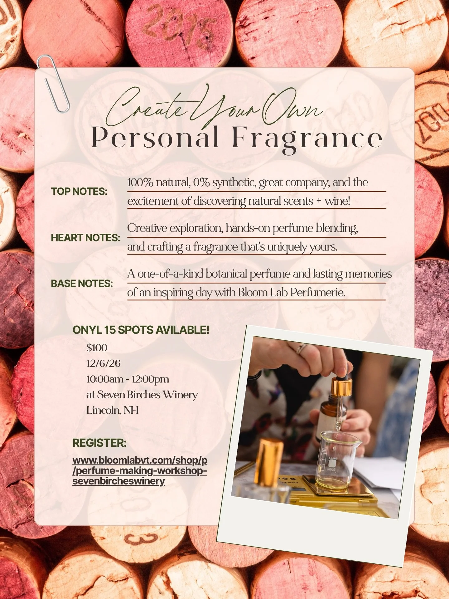 🍷Wine + Perfume 🌸

Looking for a unique experience in the White Mountains of New Hampshire?

Join @bloomlabvt at @sevenbirches in Lincoln, NH for a hands-on natural perfume-making workshop where you&rsquo;ll sip, explore, and create a fragrance tha