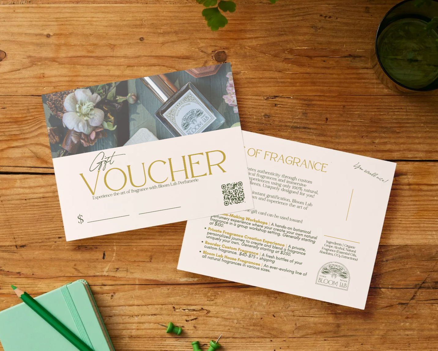 Bloom Lab Perfumerie gift card, a thoughtful gift for natural perfume-making workshops, custom fragrance creation, and botanical perfumes.