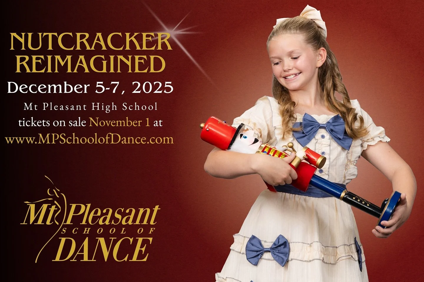 Our FIFTH Nutcracker Reimagined production is just around the corner! 🎄🎁
Join us December 5-7 at Mt Pleasant High School for an unforgettable performance full of new twists, and endless holiday magic! ❄️🤍
Tickets on sale November 1 at MPSchoolof