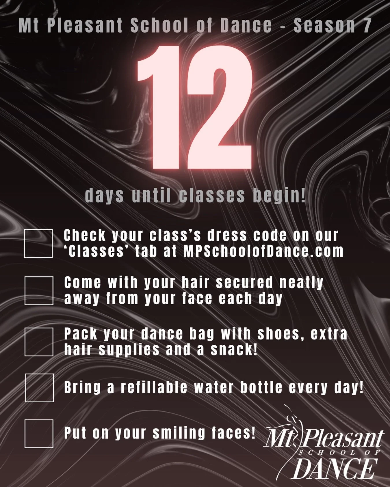 Classes begin in 12 DAYS! (8/31) Are you registered yet? ✨

Use this checklist to ensure your dance season starts off on the right foot! Head to MPSchoolofDance.com to check out our dress code, view the class schedule, and more! 💗

#MPSD #Season7