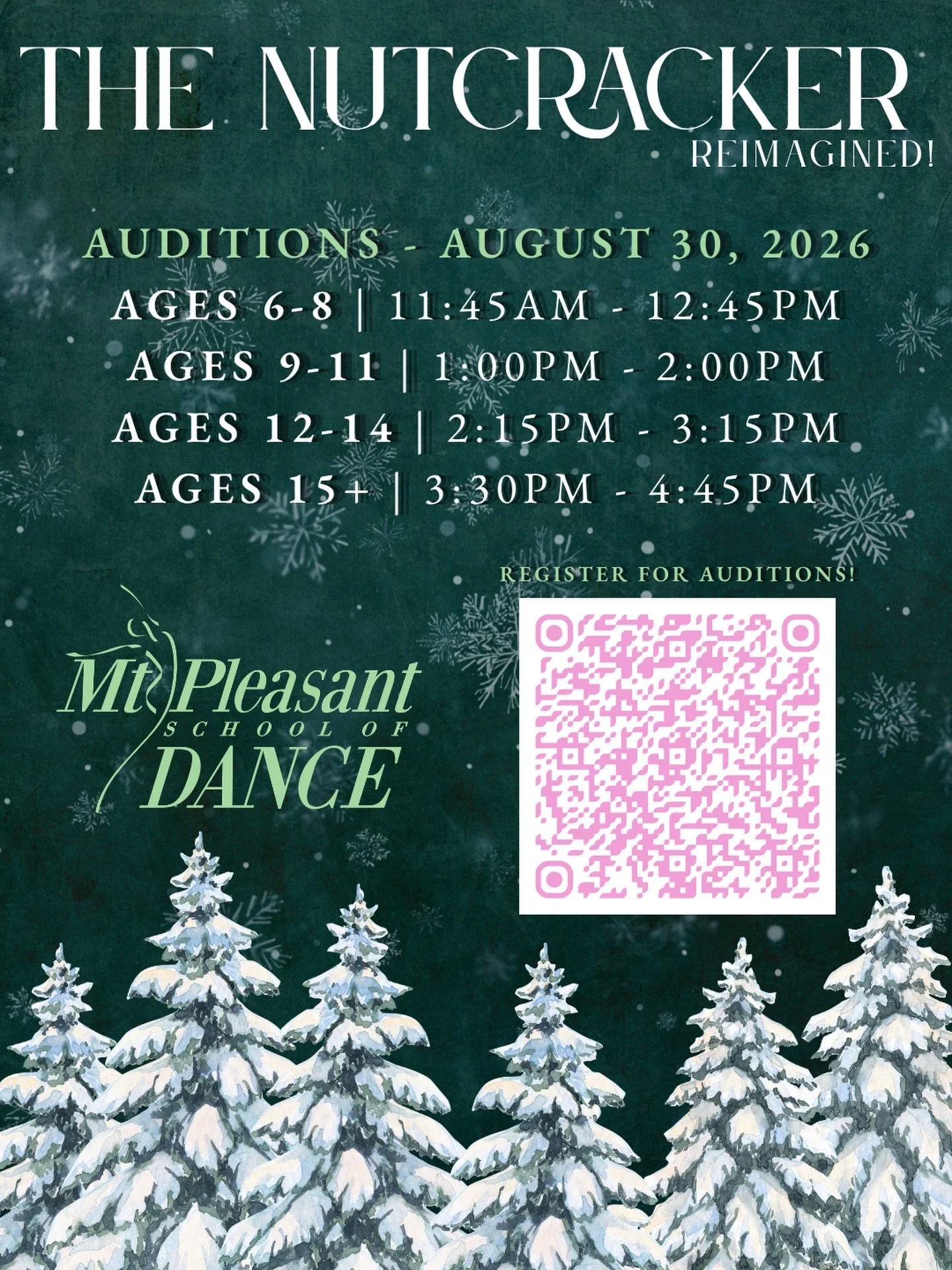 We are SO excited to begin rehearsing for The Nutcracker Reimagined 2026! 🎄❄️

Follow the link below or scan the QR code to register for auditions! Have questions about the production? Head to our Nutcracker Reimagined tab at MPSchoolofDance.com , o