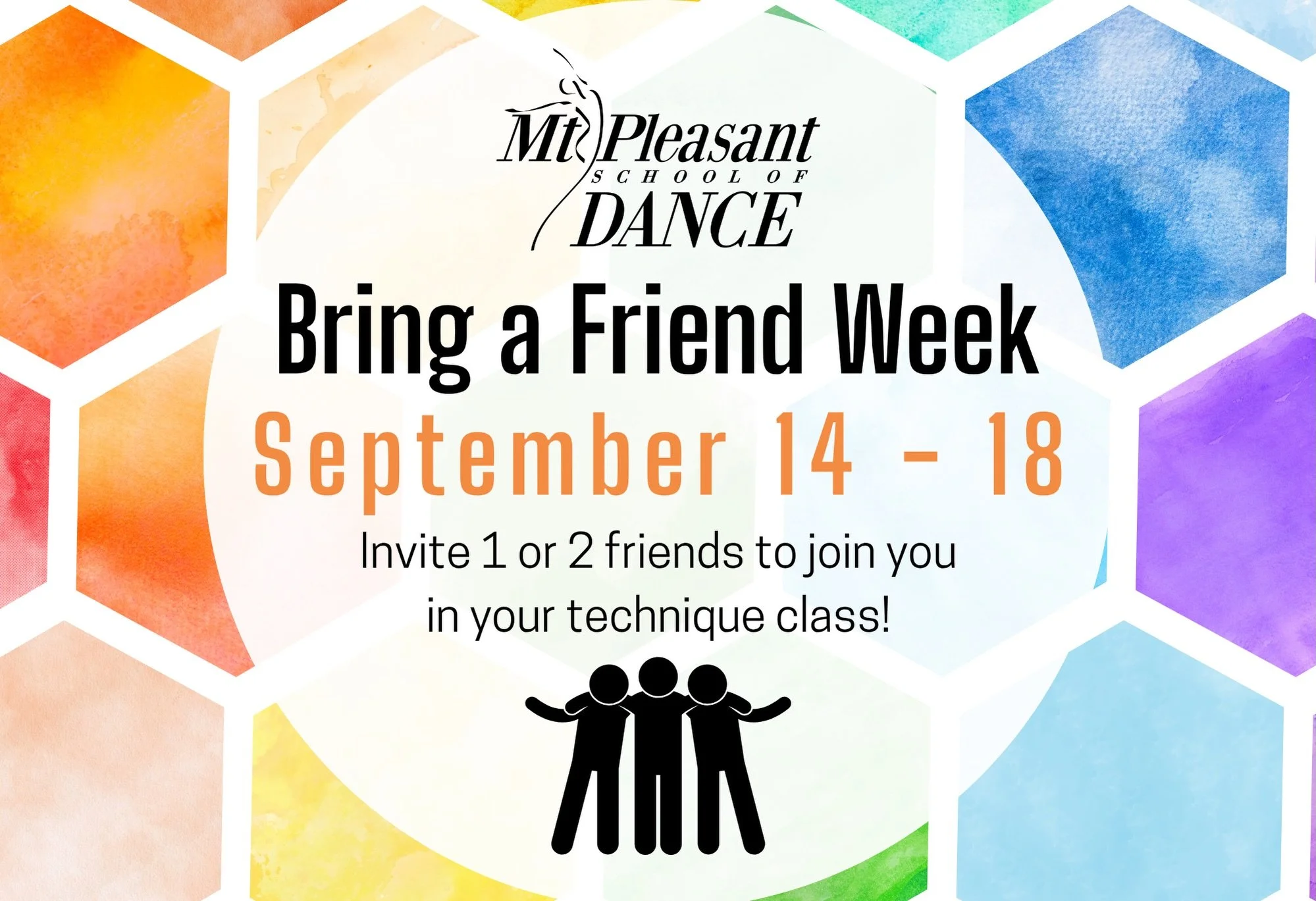 Bring a Friend Week starts NEXT WEEK! ✨💗

Dancers enrolled in classes are able to invite 1 to 2 friends to join them in their technique classes next week! New dancers should wear socks and tight fitted clothing they can move in. 

Waivers are availa