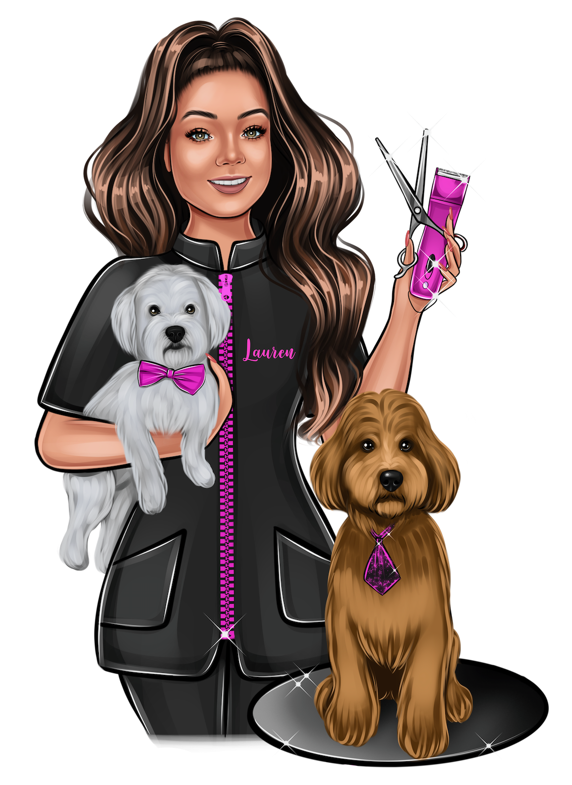 Our Logo Artwork which is a drawing of our proprietor and head groomer, Lauren Martin and two of her own dogs