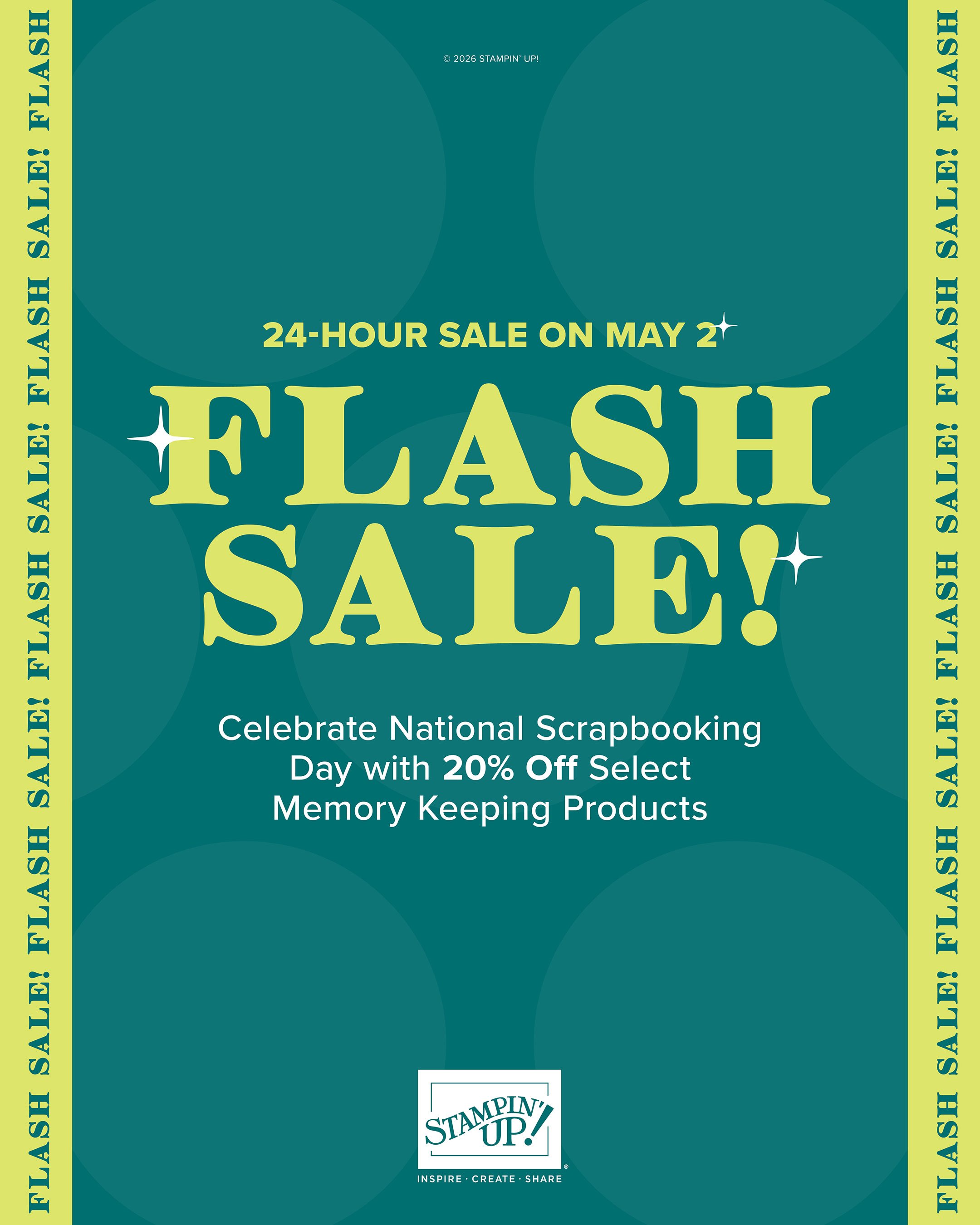 Teal Stampin’ Up! flash sale graphic announcing 20% off select scrapbooking and memory keeping products for National Scrapbooking Day on May 2