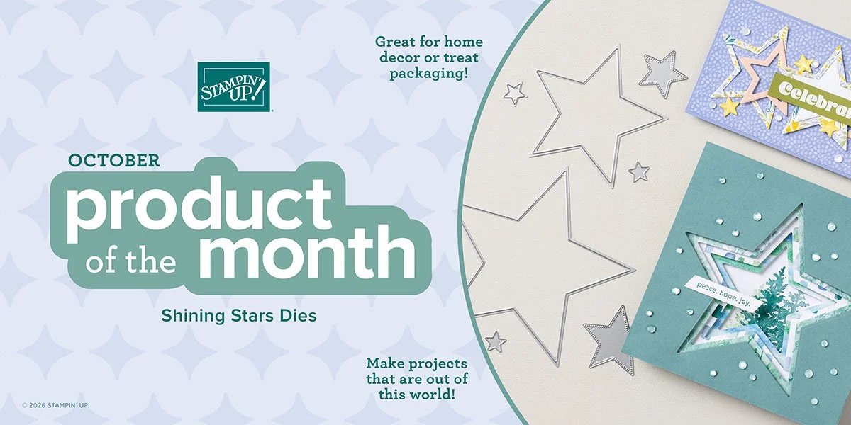 October Stampin’ Up! Product of the Month Shining Stars Dies shown with star-themed handmade cards, packaging, and paper craft projects