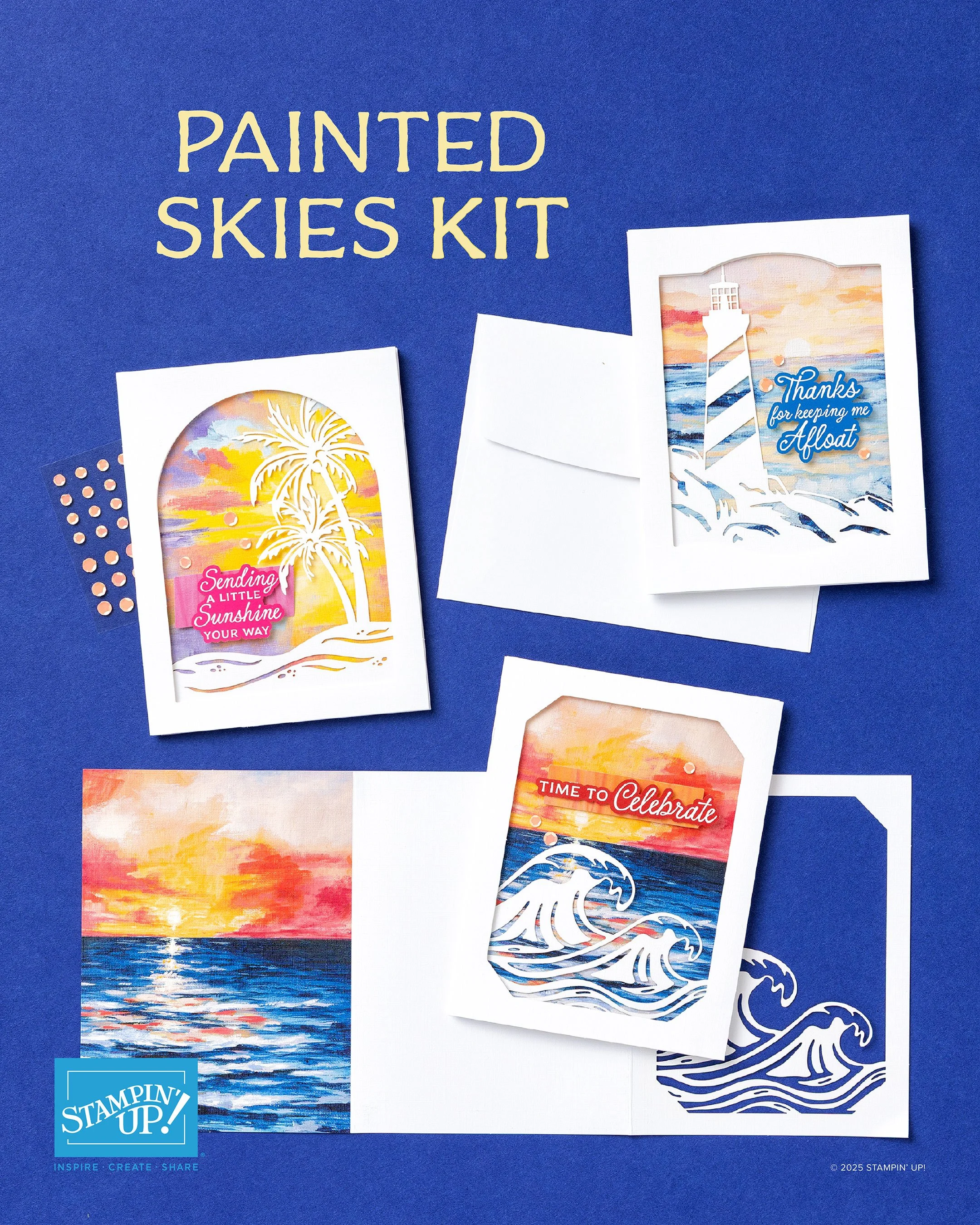 Painted Skies cardmaking kit by Stampin’ Up! featuring handmade sunset cards with ocean waves, lighthouse, and palm tree designs in vibrant painted sky colors