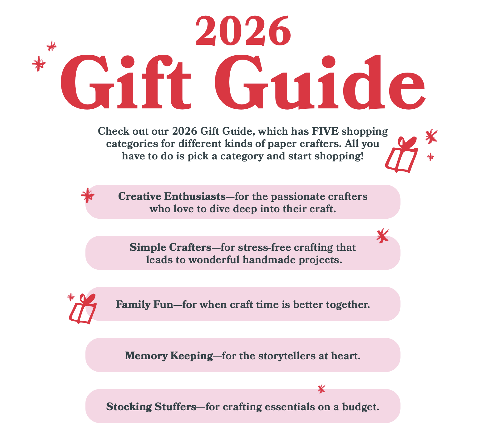 Stampin' Up! 2026 Gift Guide flyer listing five gift categories: Creative Enthusiasts, Simple Crafters, Family Fun, Memory Keeping, and Stocking Stuffers