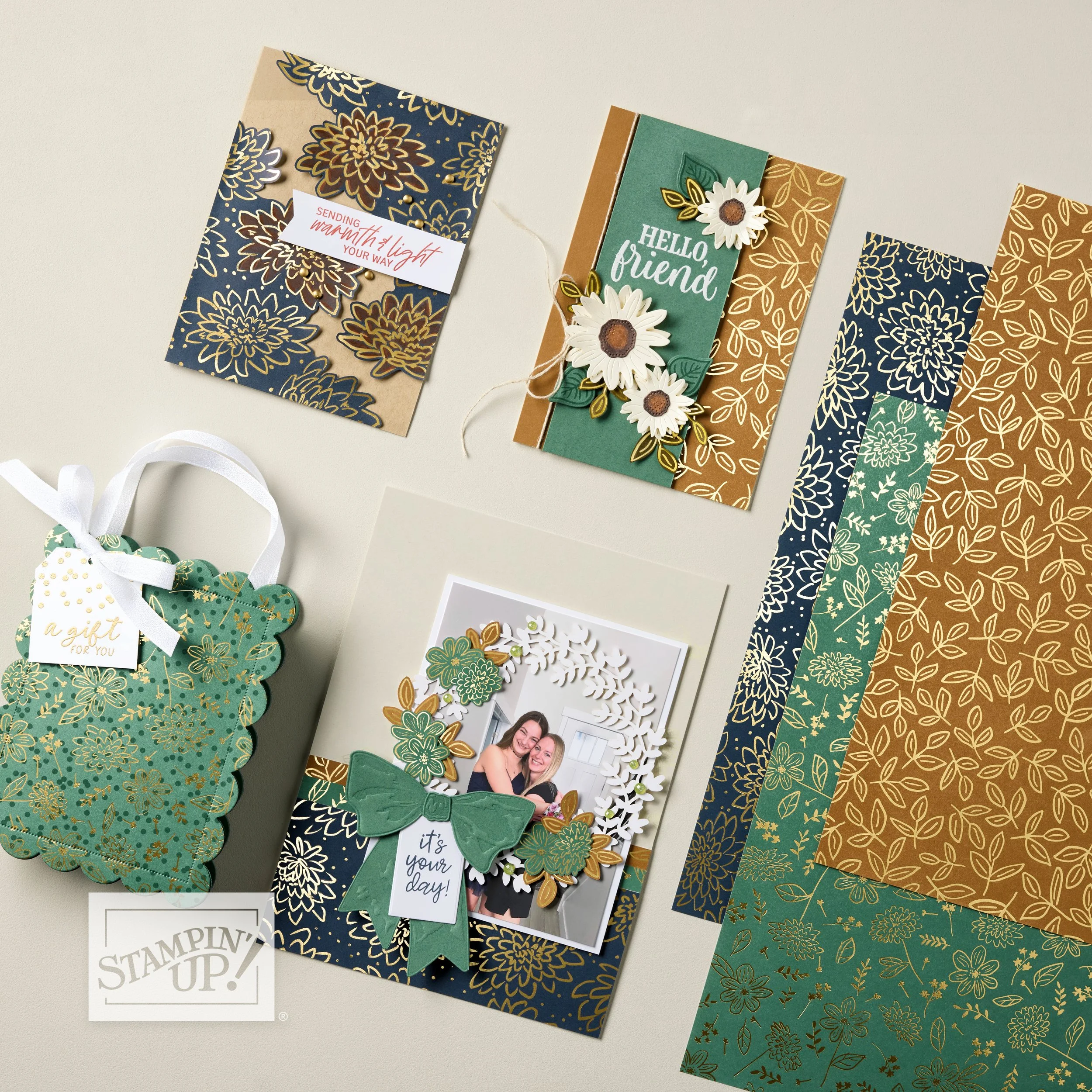 Handmade cards, gift packaging, and scrapbook project created with Stampin’ Up! Luxe Foliage Specialty Designer Series Paper featuring gold foil botanical patterns.