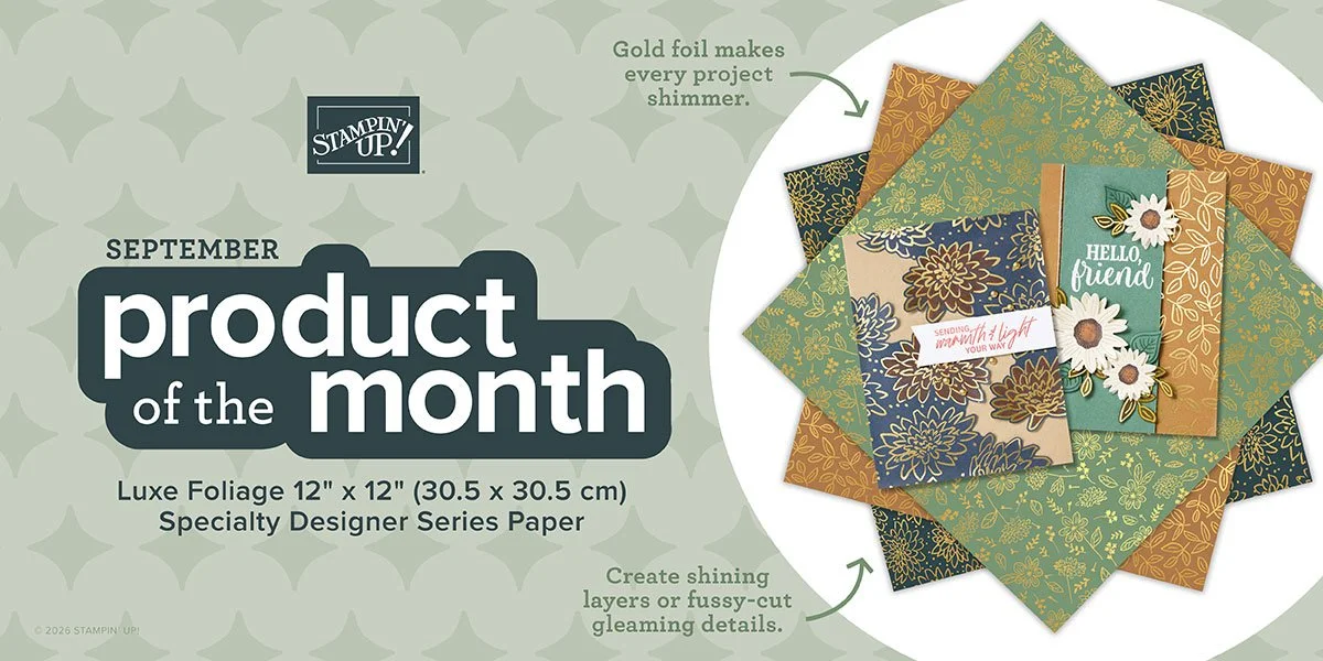 September Product of the Month graphic showcasing Stampin’ Up! Luxe Foliage Specialty Designer Series Paper with gold foil flowers, foliage, and handmade cards.