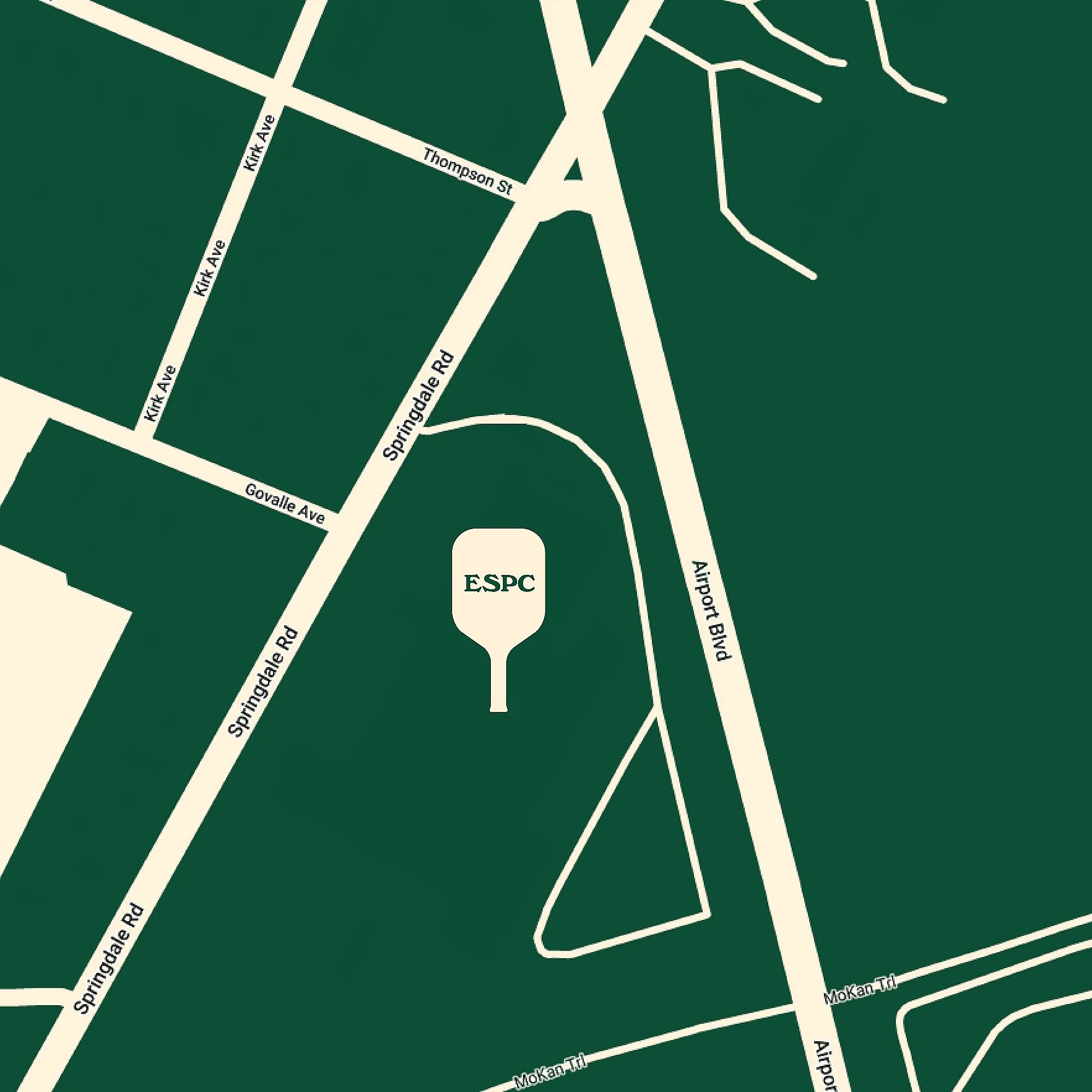 Green map illustration featuring Airport Blvd and Springdale Rd with surrounding streets. Labeled E.SPC outlined area. Streets intersecting include Govalle Ave and Thompson St. Nearby branching roads visible.