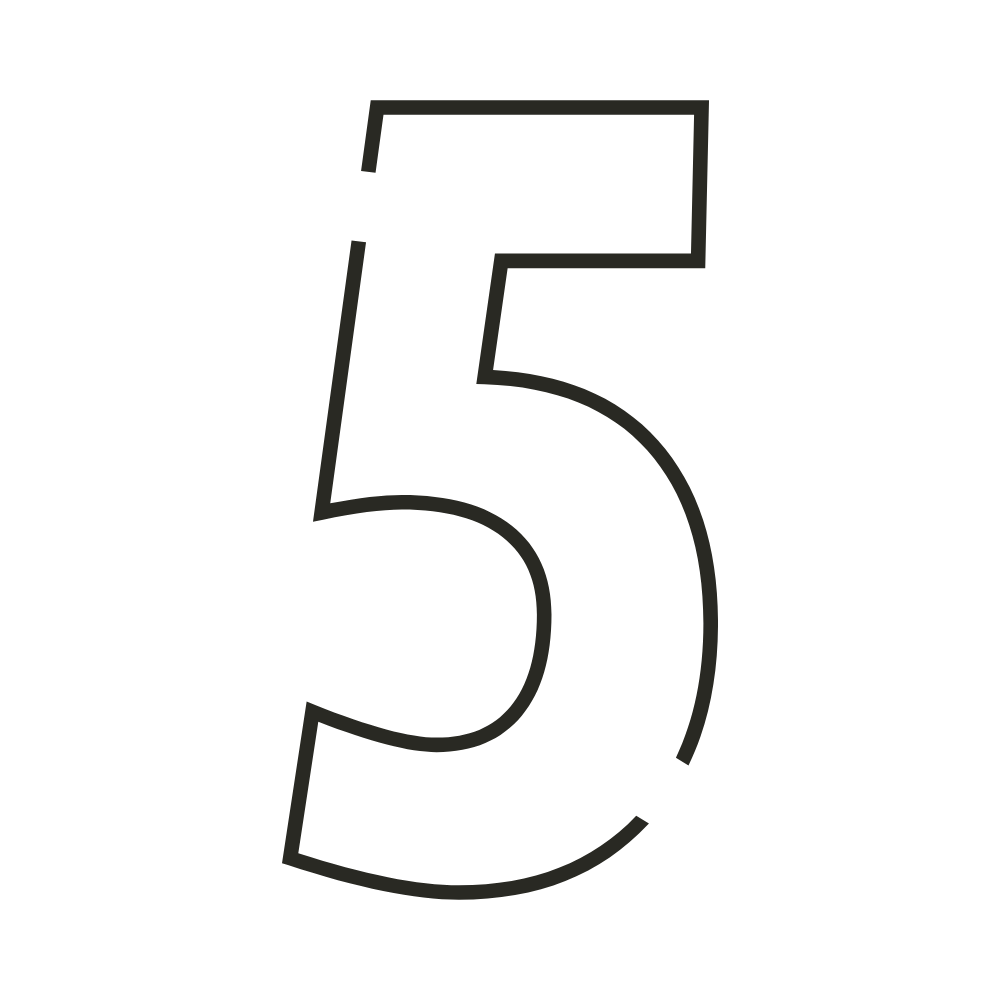 Large number five in black with a thin outline on a black background.