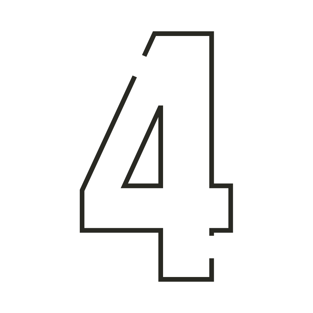 Outline of the number four in black.
