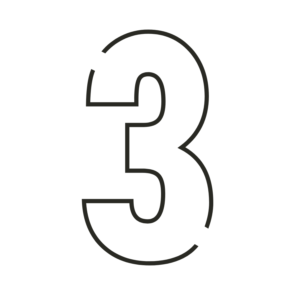 A large, thin, black outline of the number three on a black background.