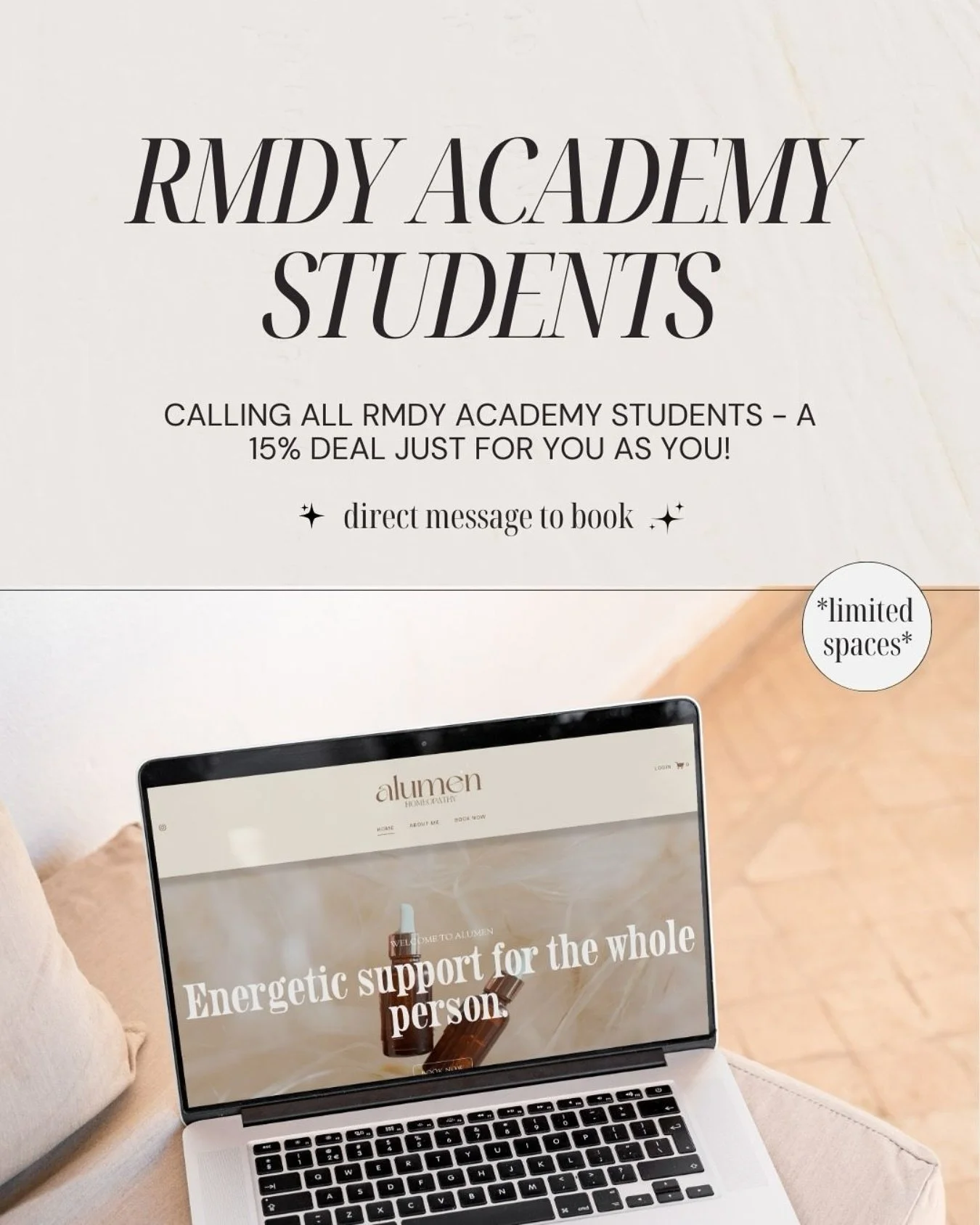 RMDY Fellow Students &ndash; Enjoy 15% Off!

As some of you may know, I&rsquo;m also currently studying to become a homeopath under @rmdy.academy.classof26 &amp; @thathomeopath 

I&rsquo;ve been dreaming of creating beautiful websites for fellow home