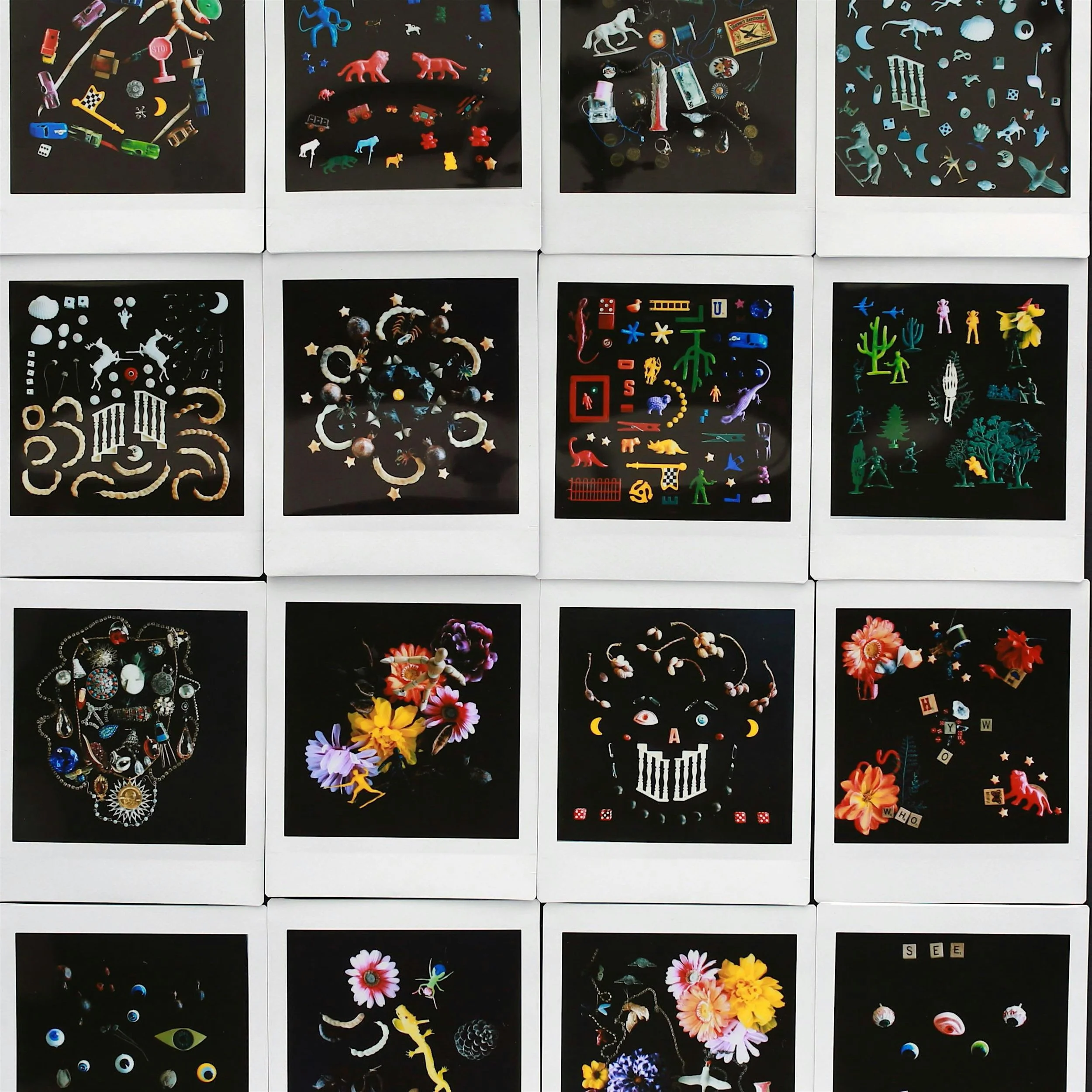 Collection of various jewelry and accessories, including necklaces, rings, earrings, and decorative items, displayed on black backgrounds in a collage-style layout.