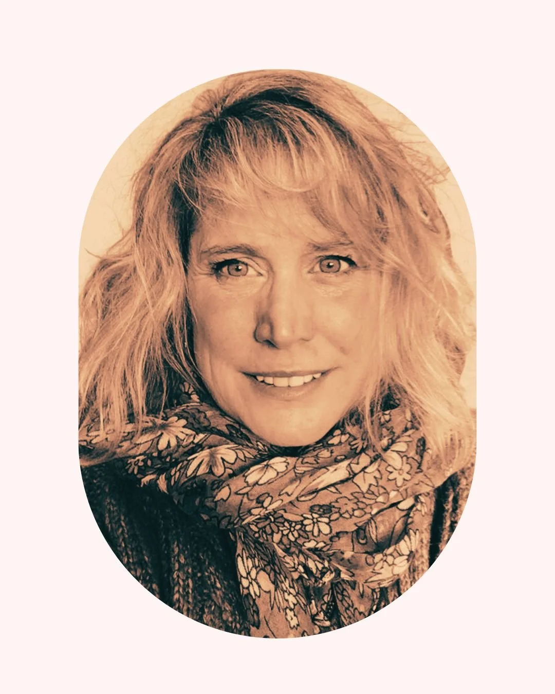 Sepia-toned portrait of a woman with shoulder-length wavy hair, smiling, wearing a floral-patterned scarf. Life Coach Lama client success - Life Coach London - Lama Abou Daher
