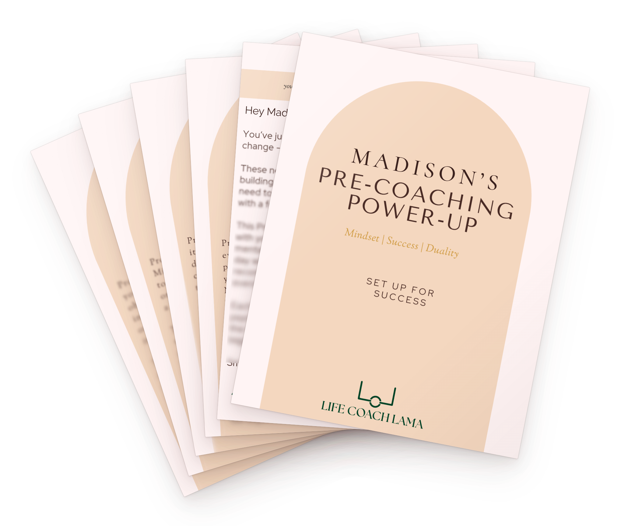 Book covers fanned out titled 'Madison's Pre-Coaching Power-Up' and 'Life Coach Lama' with a beige and white color scheme. This supports clients to activate their psychological muscles before working with Life Coach Lama and has proved very effective