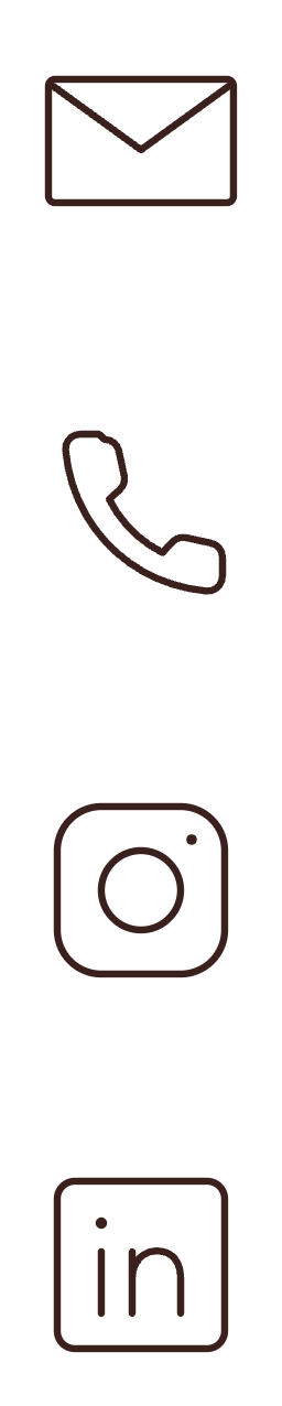 Icons representing email, phone, Instagram, and LinkedIn.