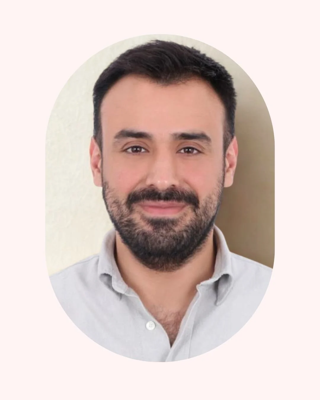 Headshot of a man with dark hair and a beard, wearing a light-colored collared shirt, against a neutral background. Life Coach Lama client success - Life Coach London - Lama Abou Daher