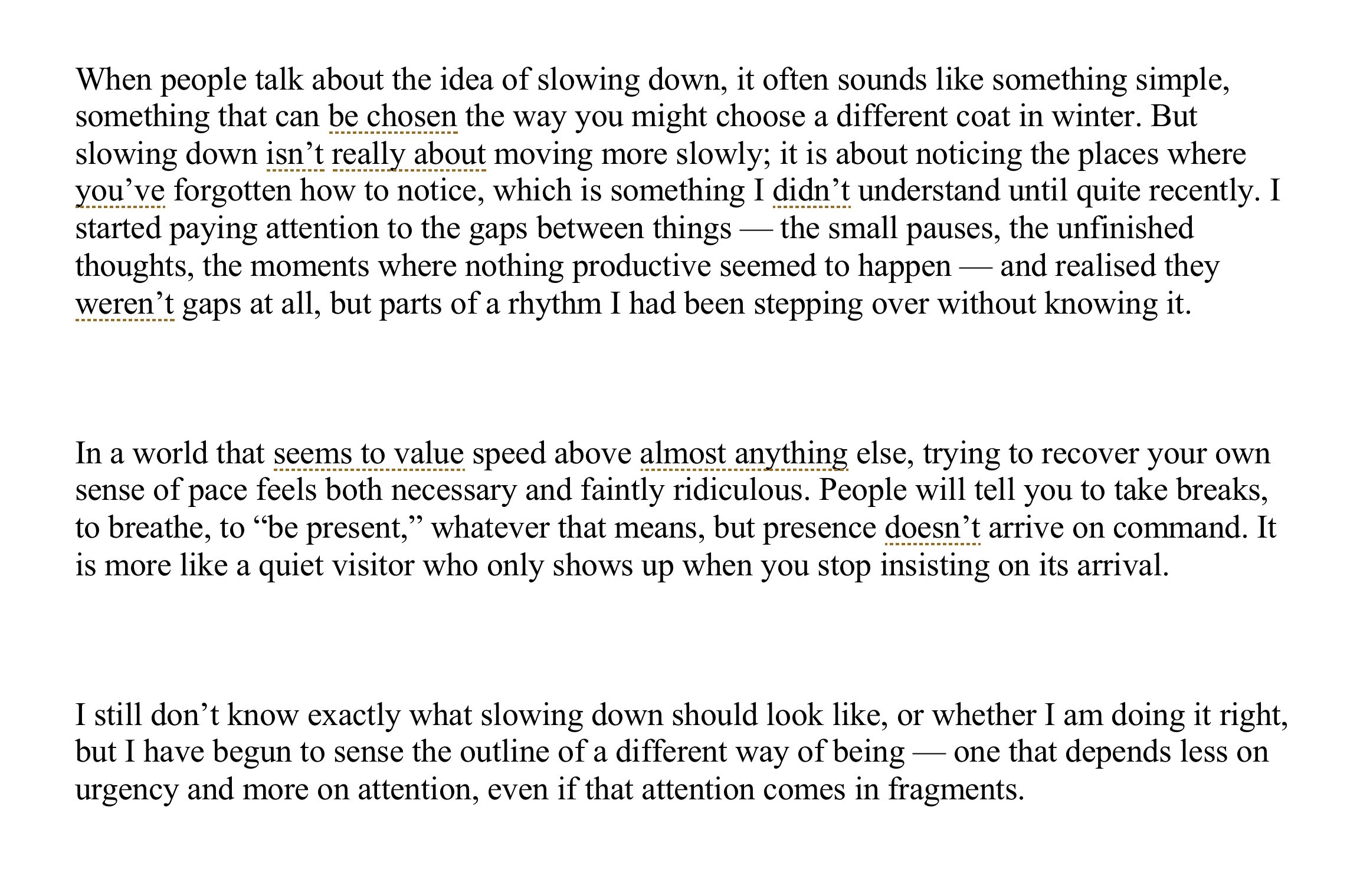 Original creative nonfiction manuscript excerpt before editing, with loose structure and unclear conceptual flow.