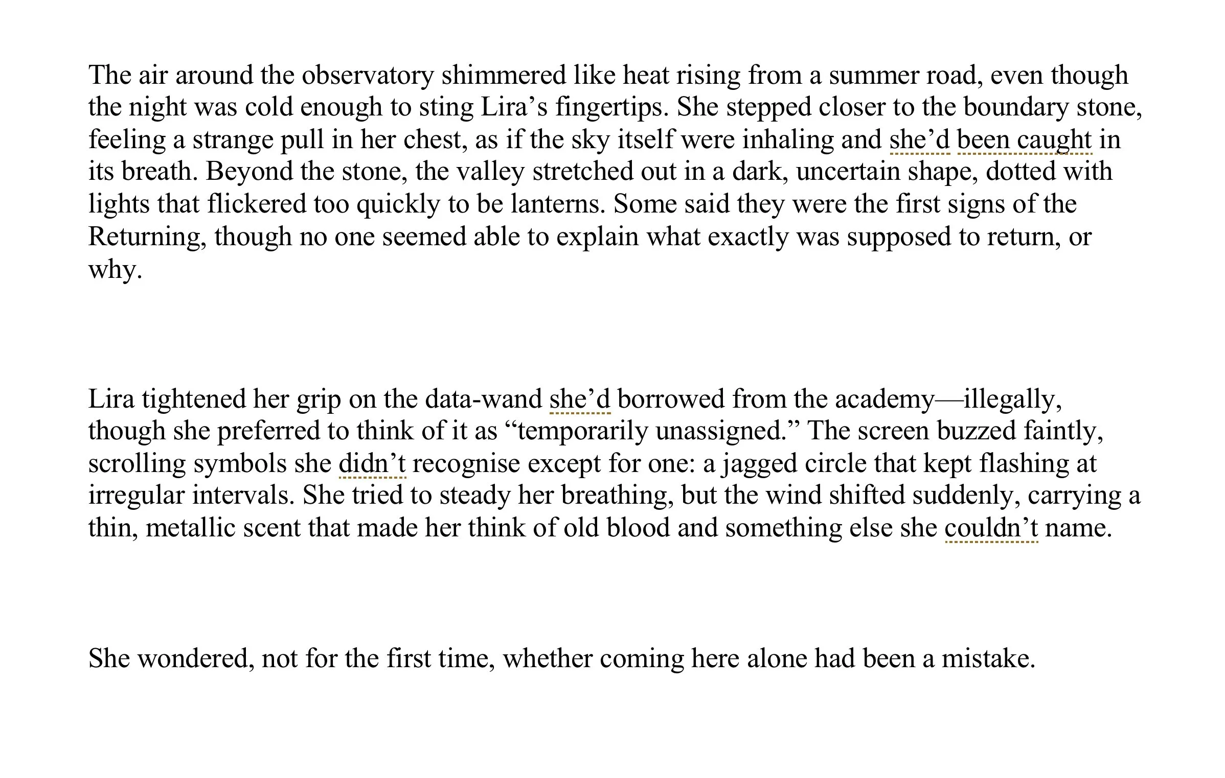 Original fantasy and science fiction manuscript excerpt before editing, with dense worldbuilding and uneven narrative flow.
