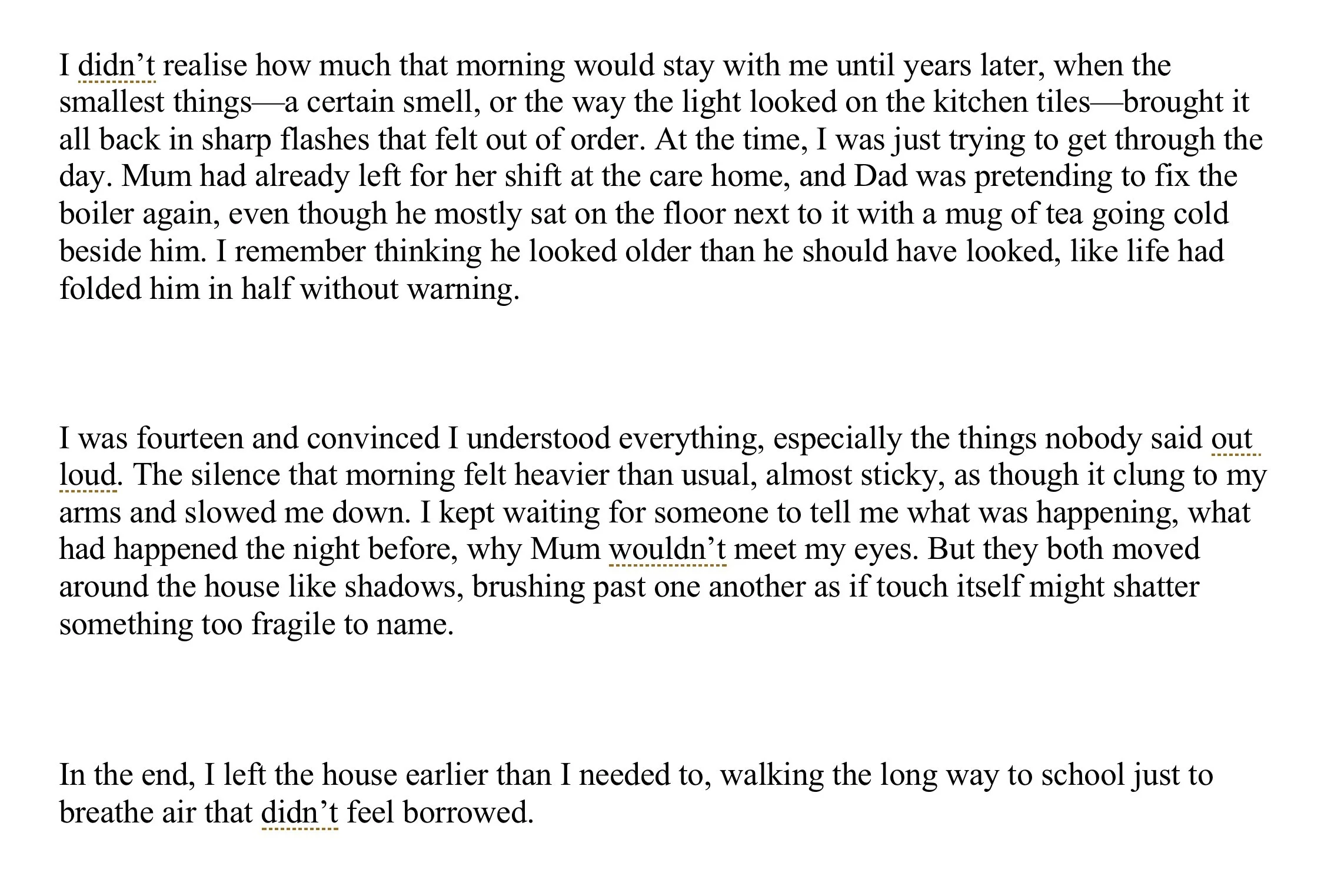 Original memoir manuscript excerpt before editing, with uneven pacing and unrefined emotional clarity.