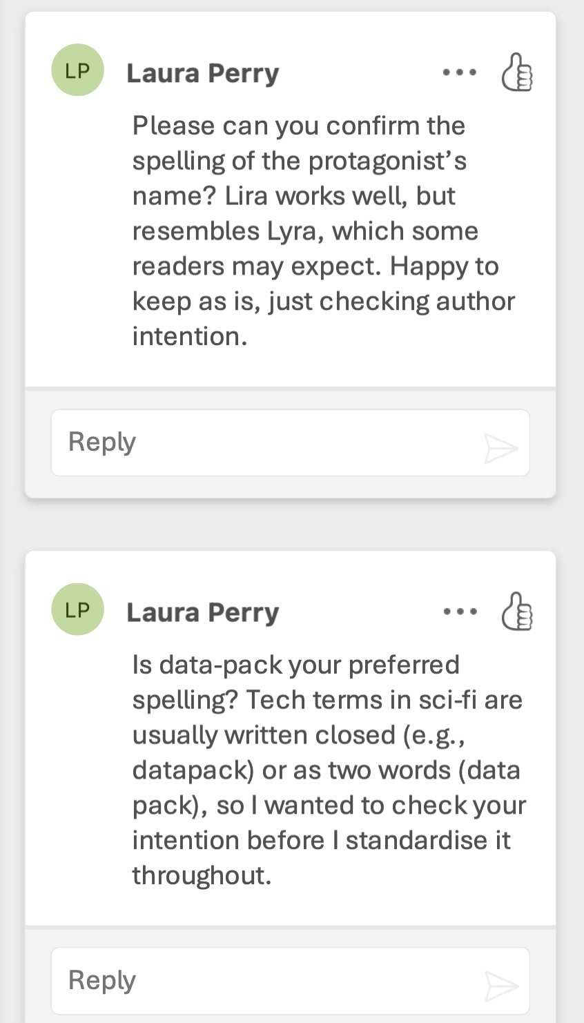 Editorial comment displayed in tracked changes, showing clarification questions and guidance to support consistency and author intent.