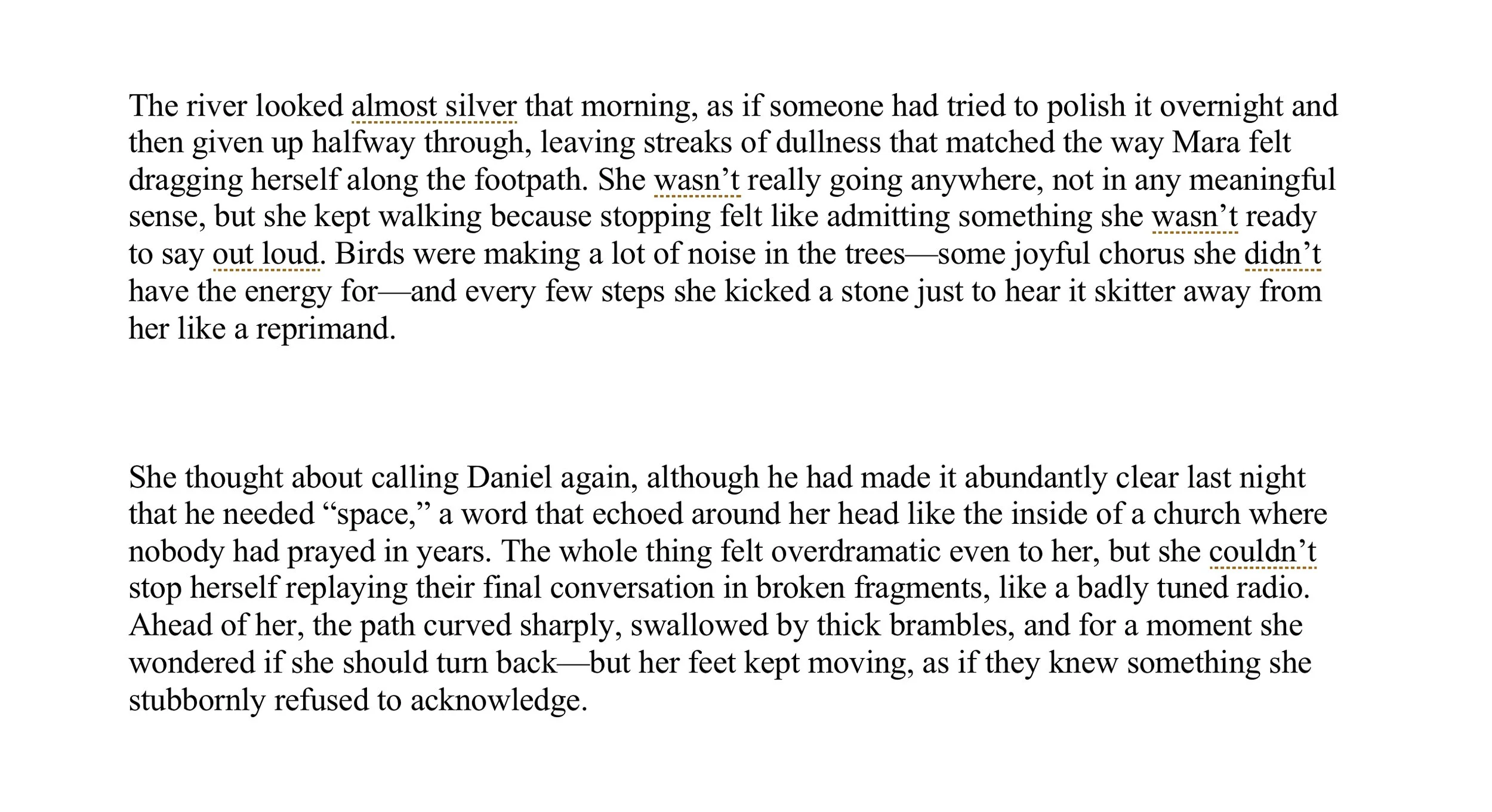 Original literary fiction manuscript excerpt before editing, showing dense prose and unrefined pacing.