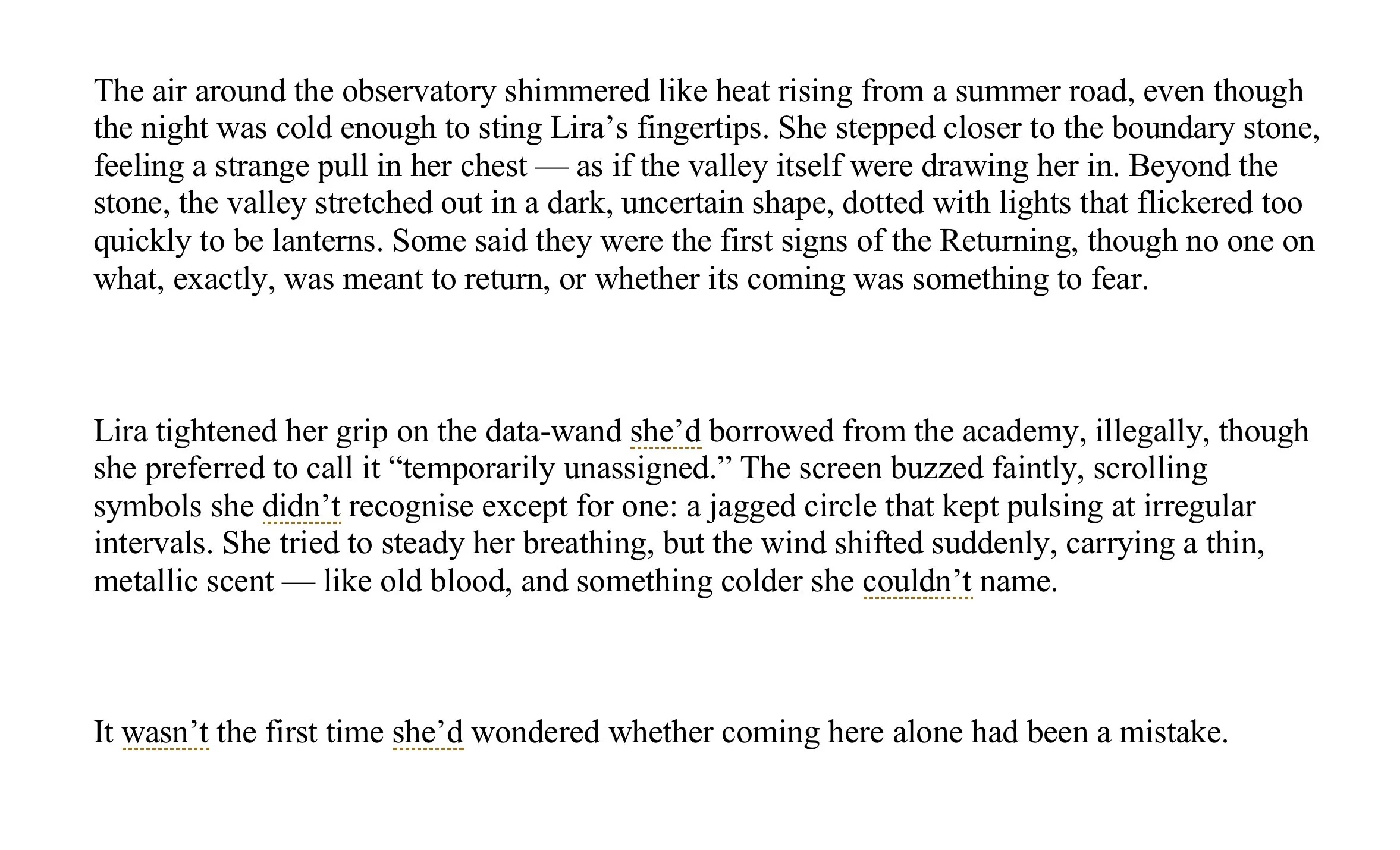 Edited fantasy and science fiction excerpt after line editing, improving clarity and pacing while preserving voice and atmosphere.