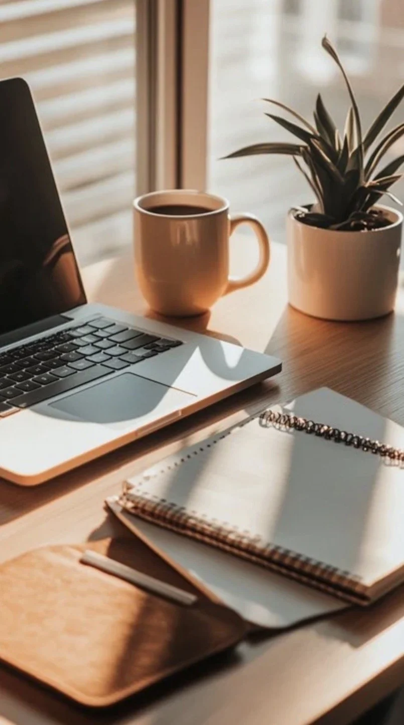 A clean and tidy desk with a laptop, book and pen.