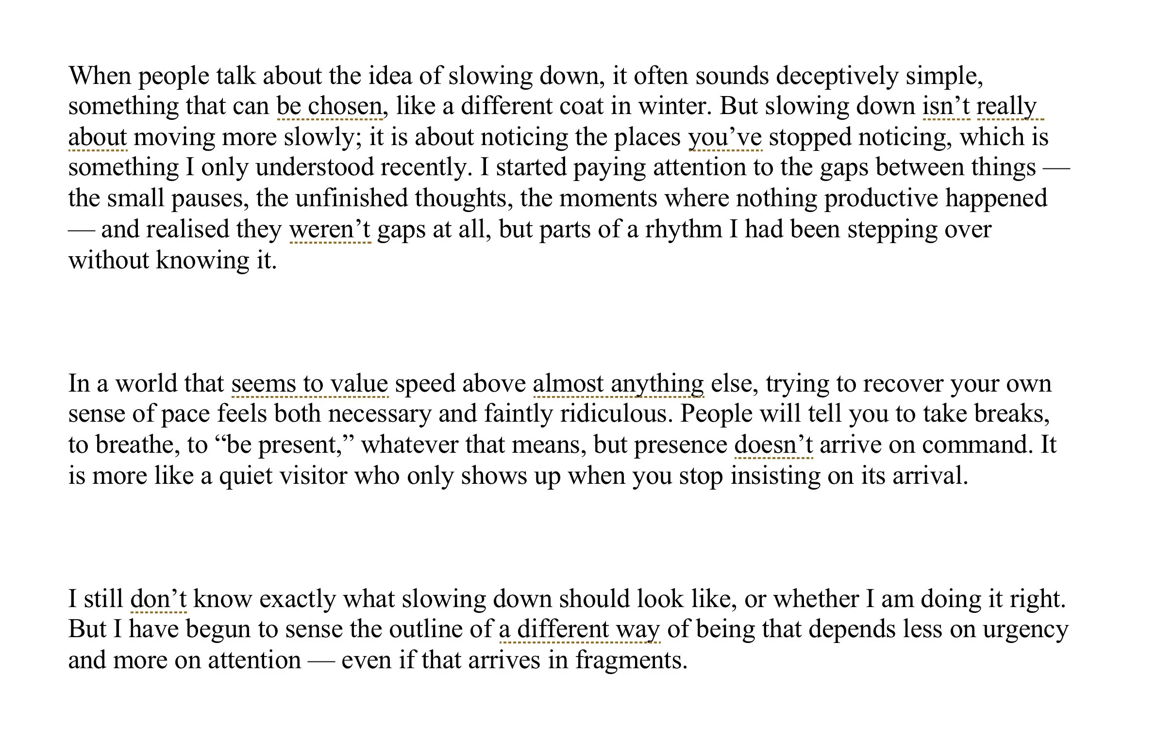 Edited creative nonfiction excerpt after line editing, clarifying ideas, improving flow, and strengthening narrative coherence.