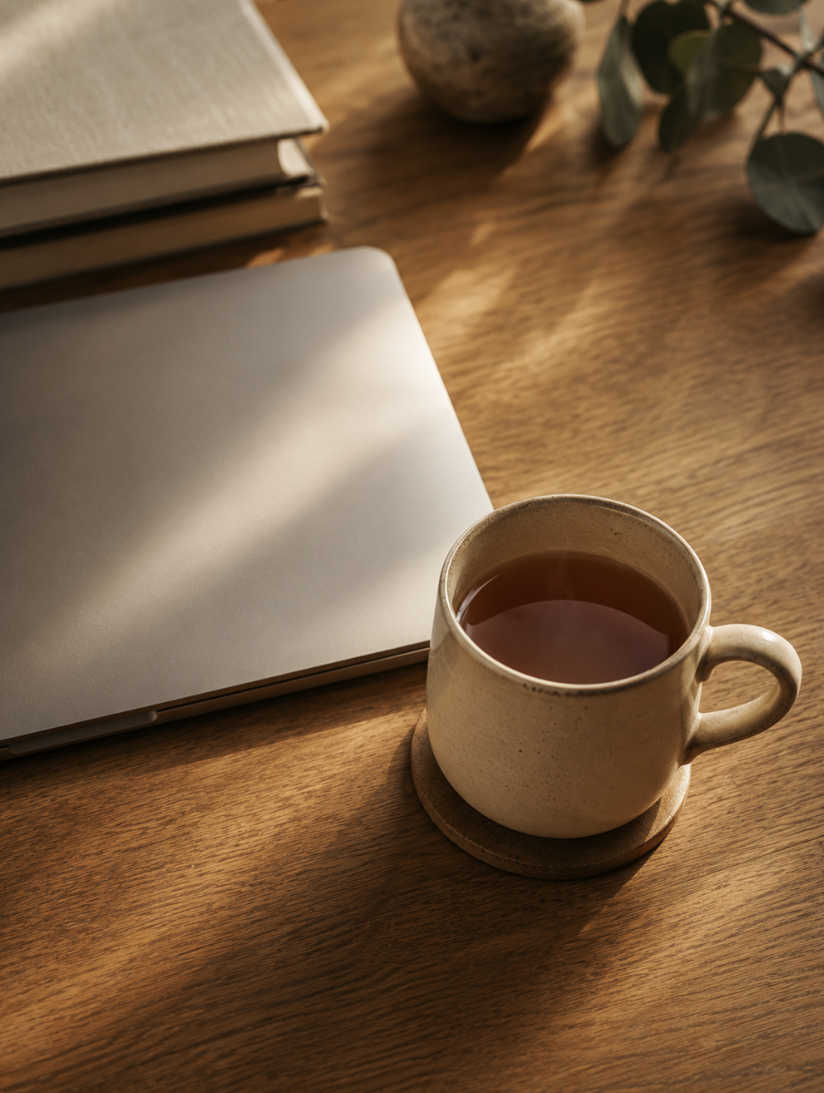 A cup of tea on a desk beside a closed laptop.
