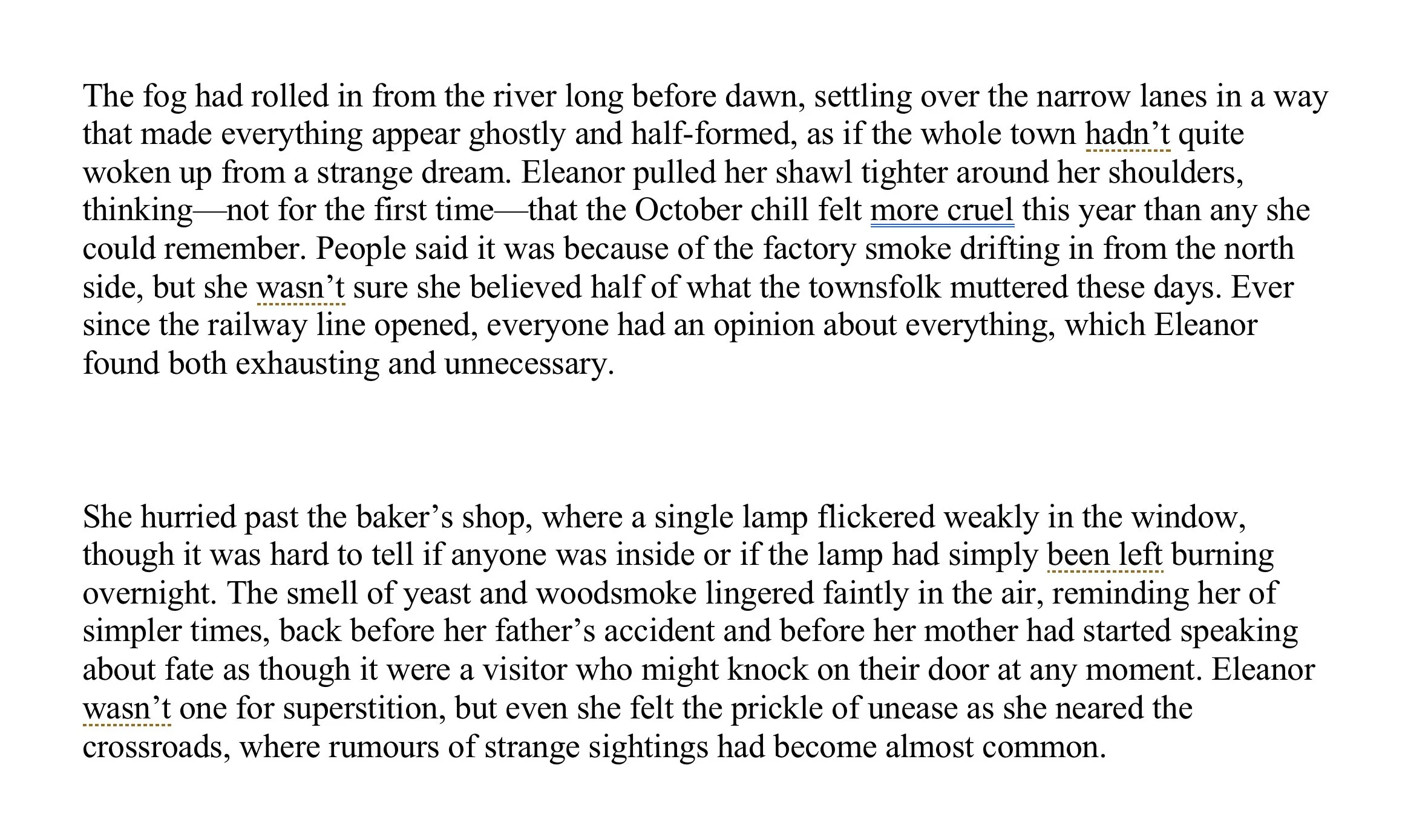 Original historical fiction manuscript excerpt before editing, with period language and unrefined narrative flow.