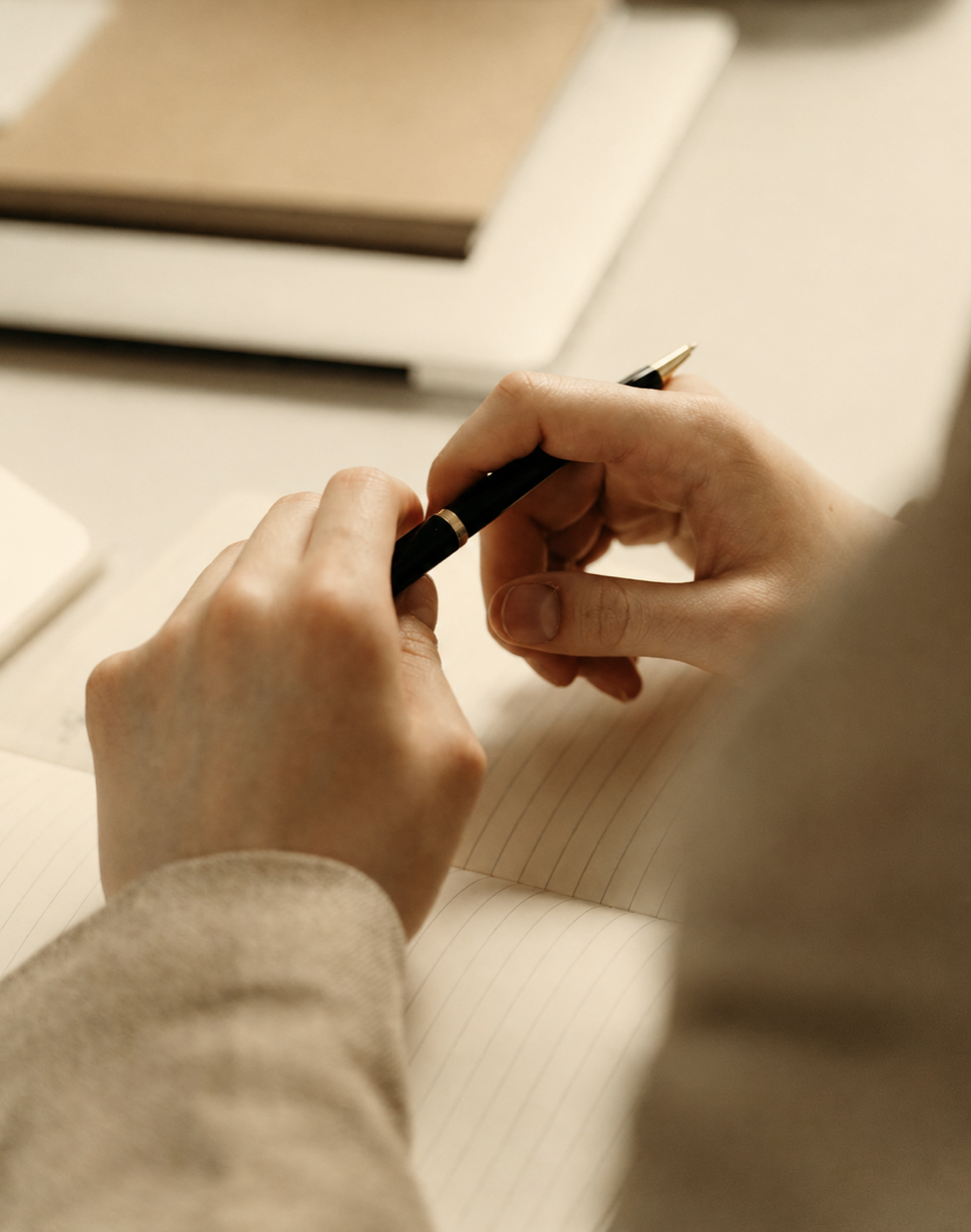 Writer's hands at rest, holding a pen.
