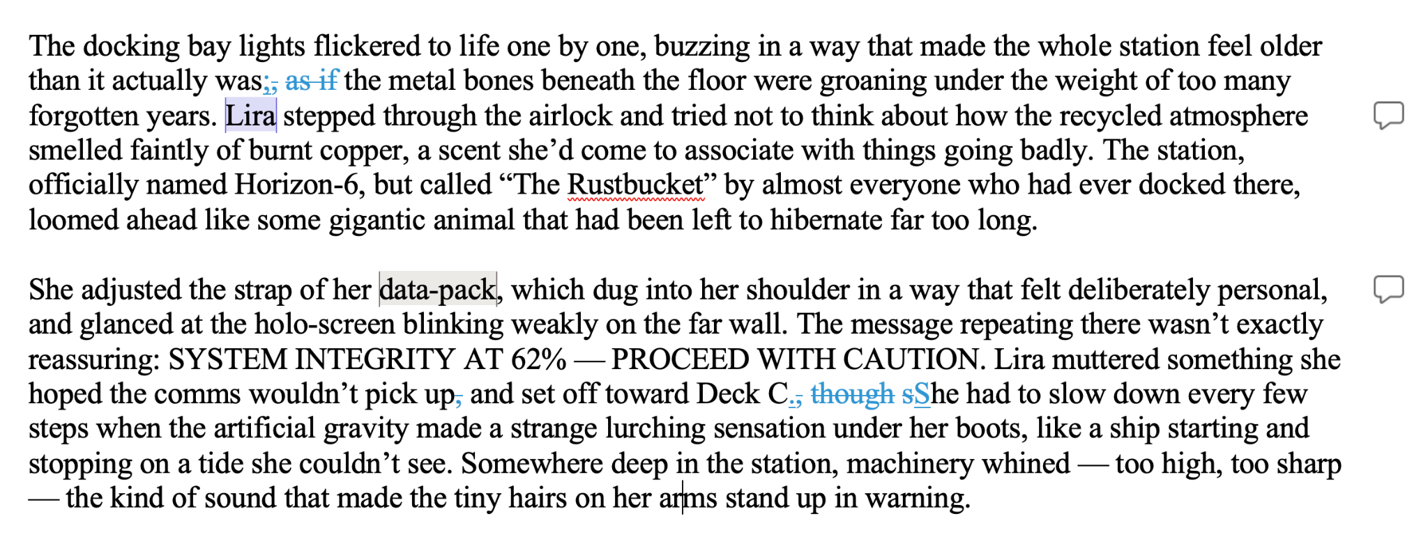 Manuscript excerpt displayed with tracked changes, illustrating professional line edits and editorial comments for clarity and consistency.