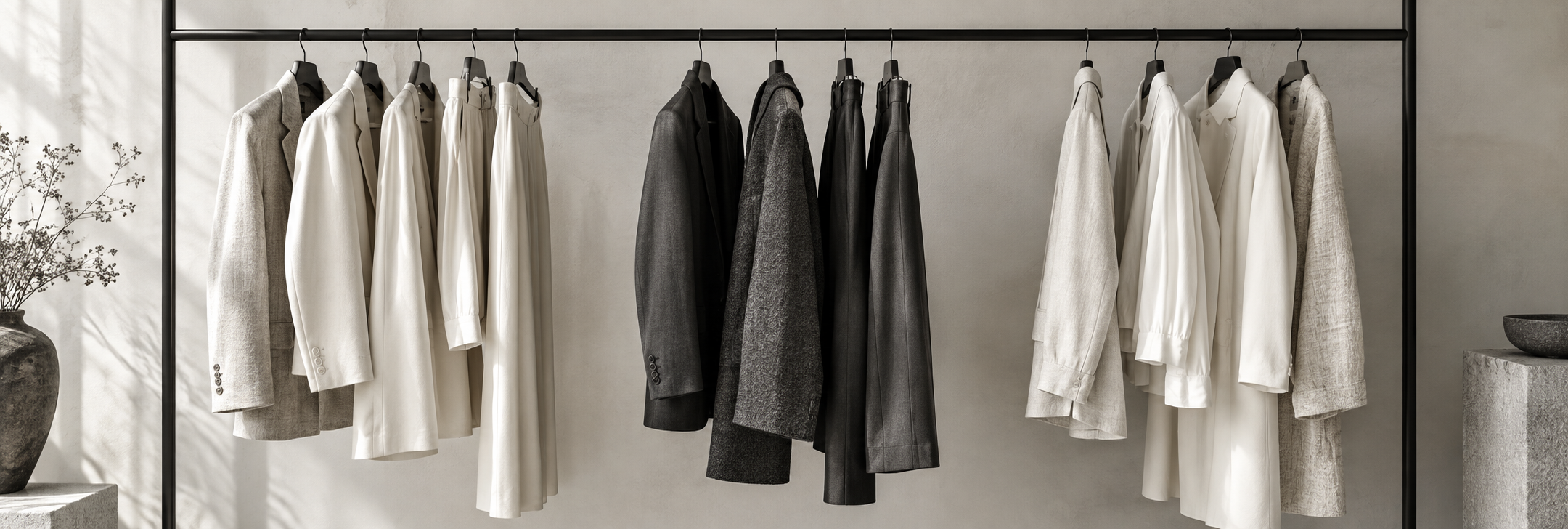 Neutral cream and charcoal garments arranged on a black showroom rail.