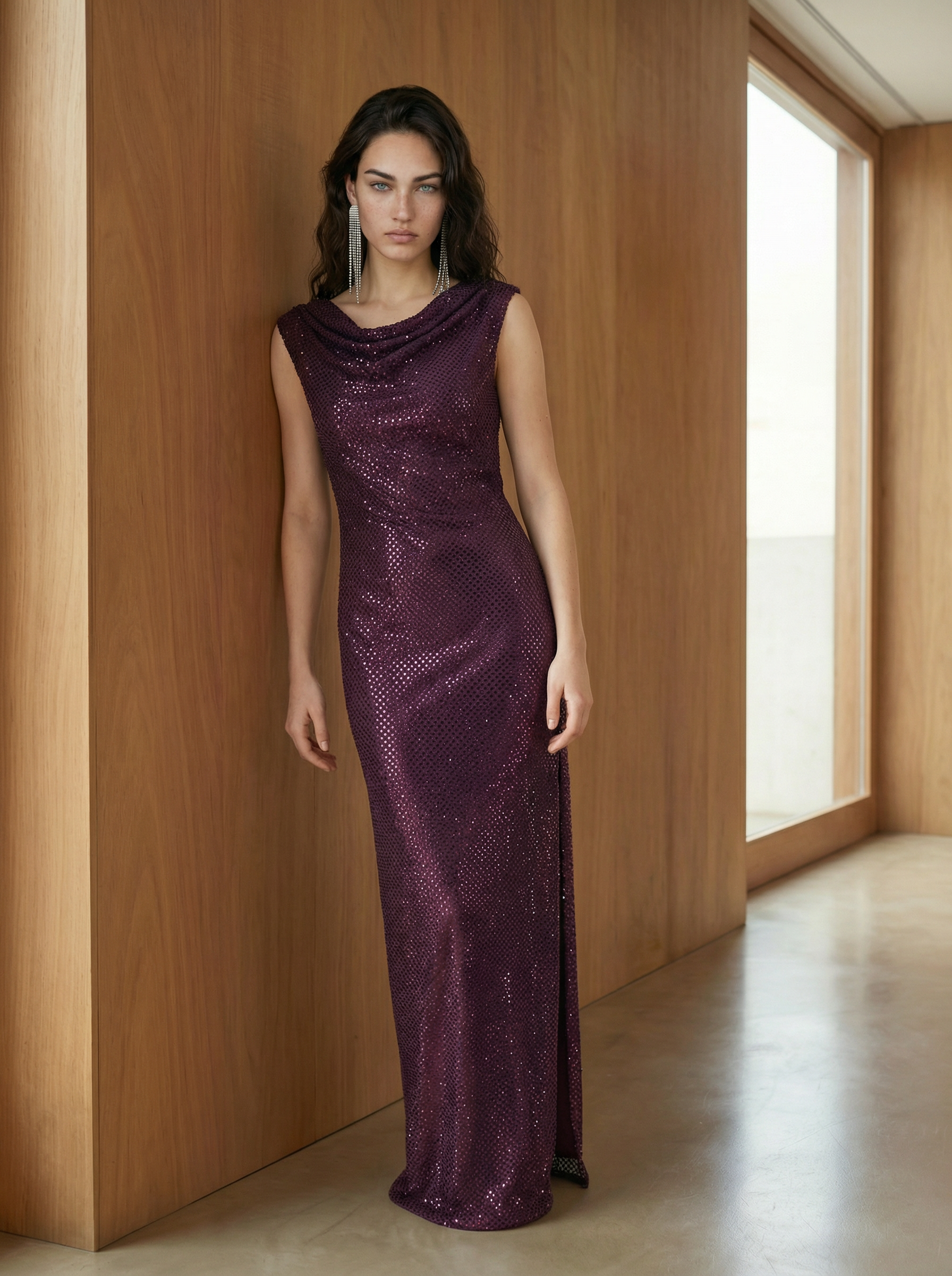 SELF PORTRAIT Burgundy Rhinestone Drape Maxi dress