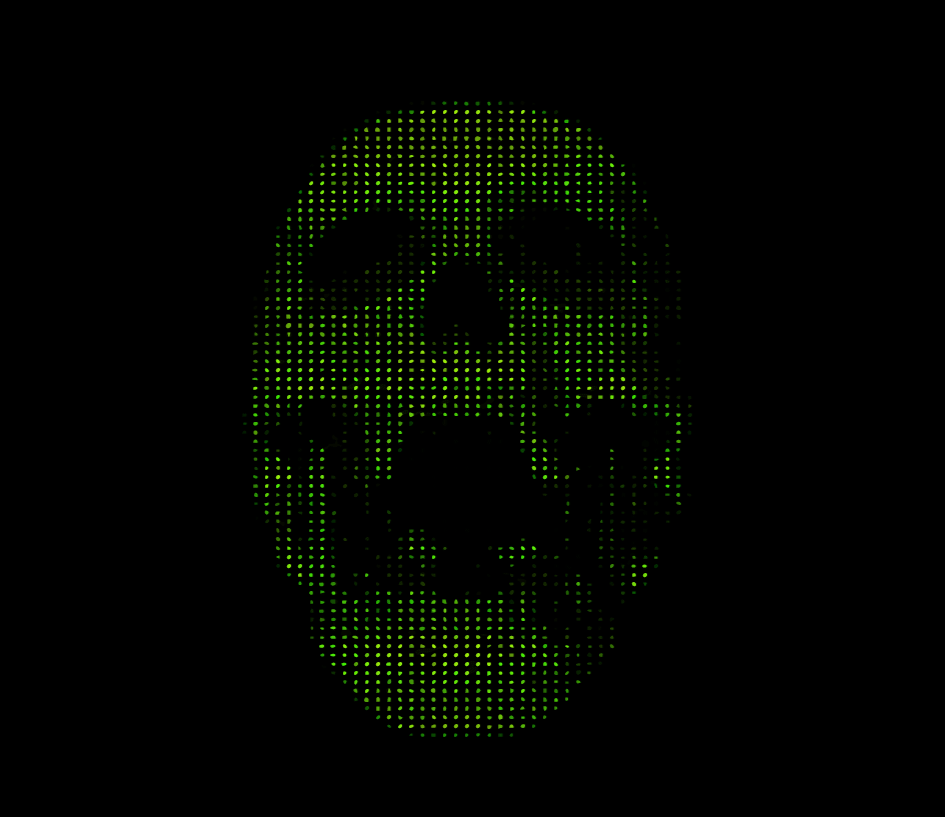 Digital green skull image created with dots on a black background.