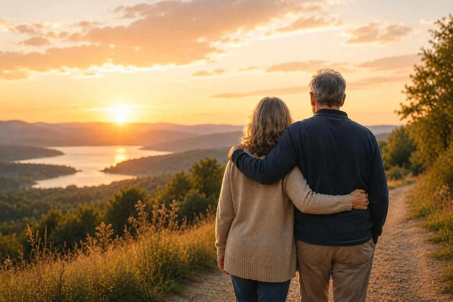 Long-term couple embracing while overlooking a scenic sunset, symbolizing relationship growth, resilience, shared vision, and lasting connection.